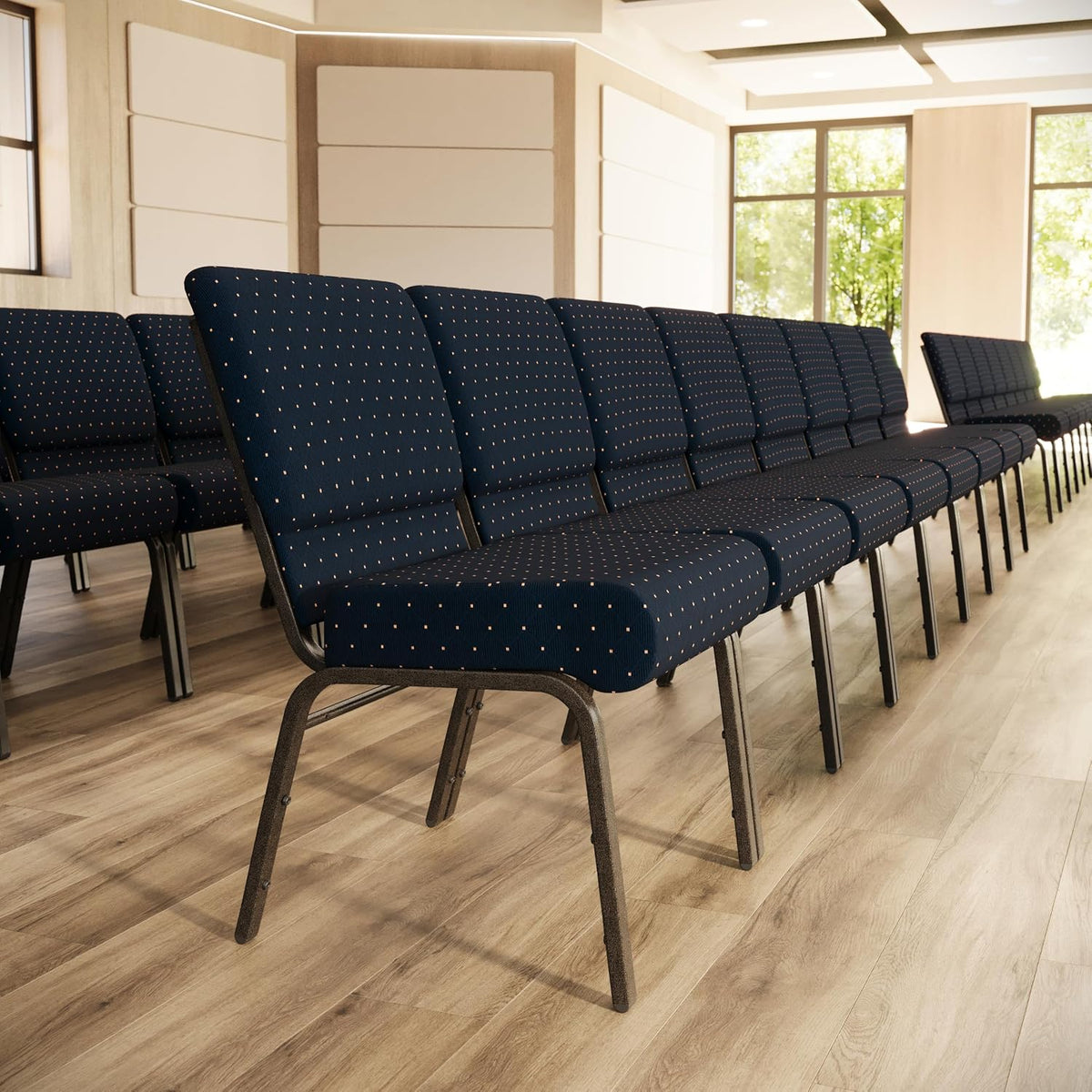 4 Pack HERCULES Series 21''W Stacking Church Chair in Navy Blue Dot Patterned Fabric - Gold Vein Frame