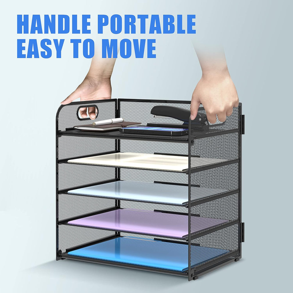 5 Trays Paper Organizer Letter Tray with Handle-Mesh Desk File Holders, Paper Sorter Desk Organizer for Office, Home