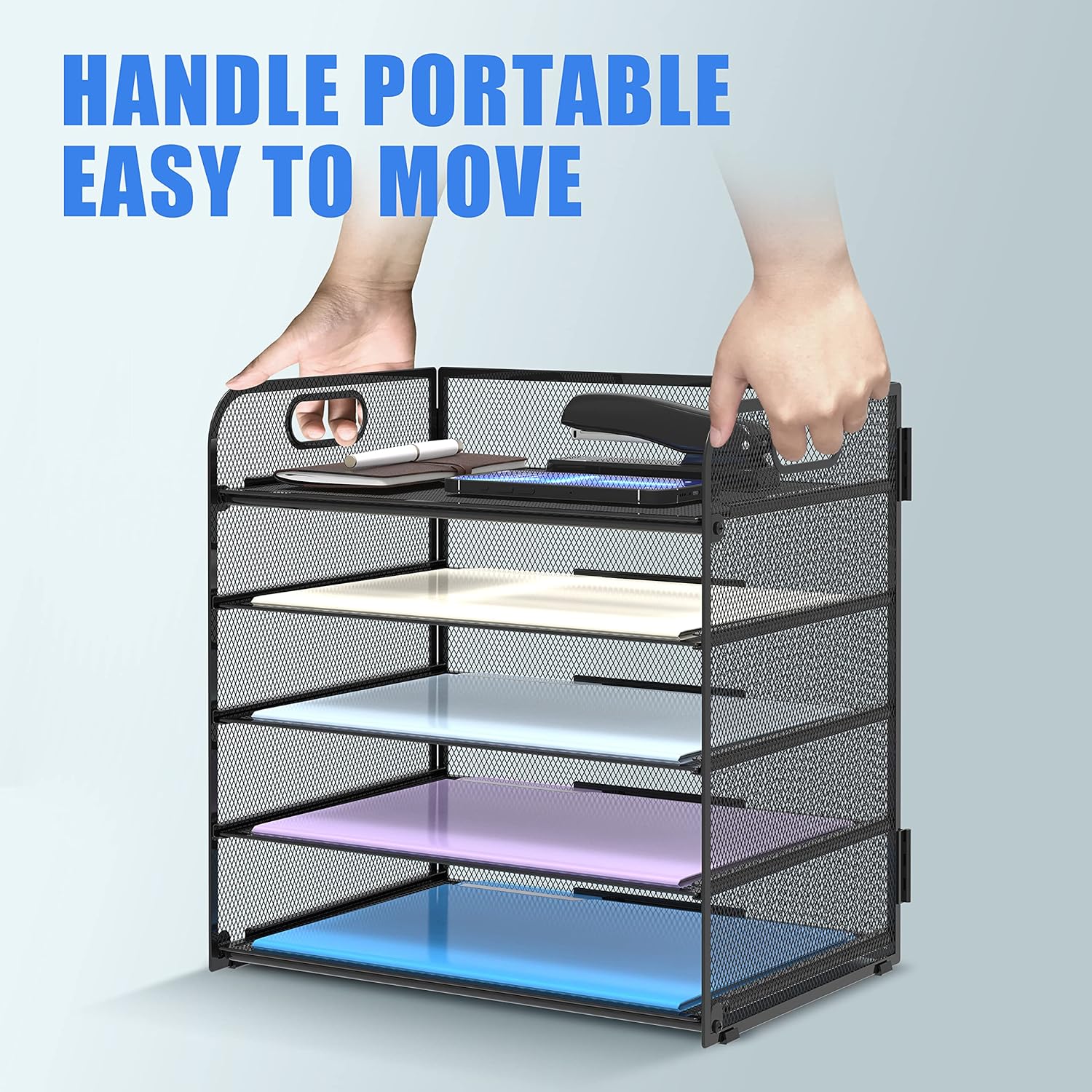 5 Trays Paper Organizer Letter Tray with Handle-Mesh Desk File Holders, Paper Sorter Desk Organizer for Office, Home