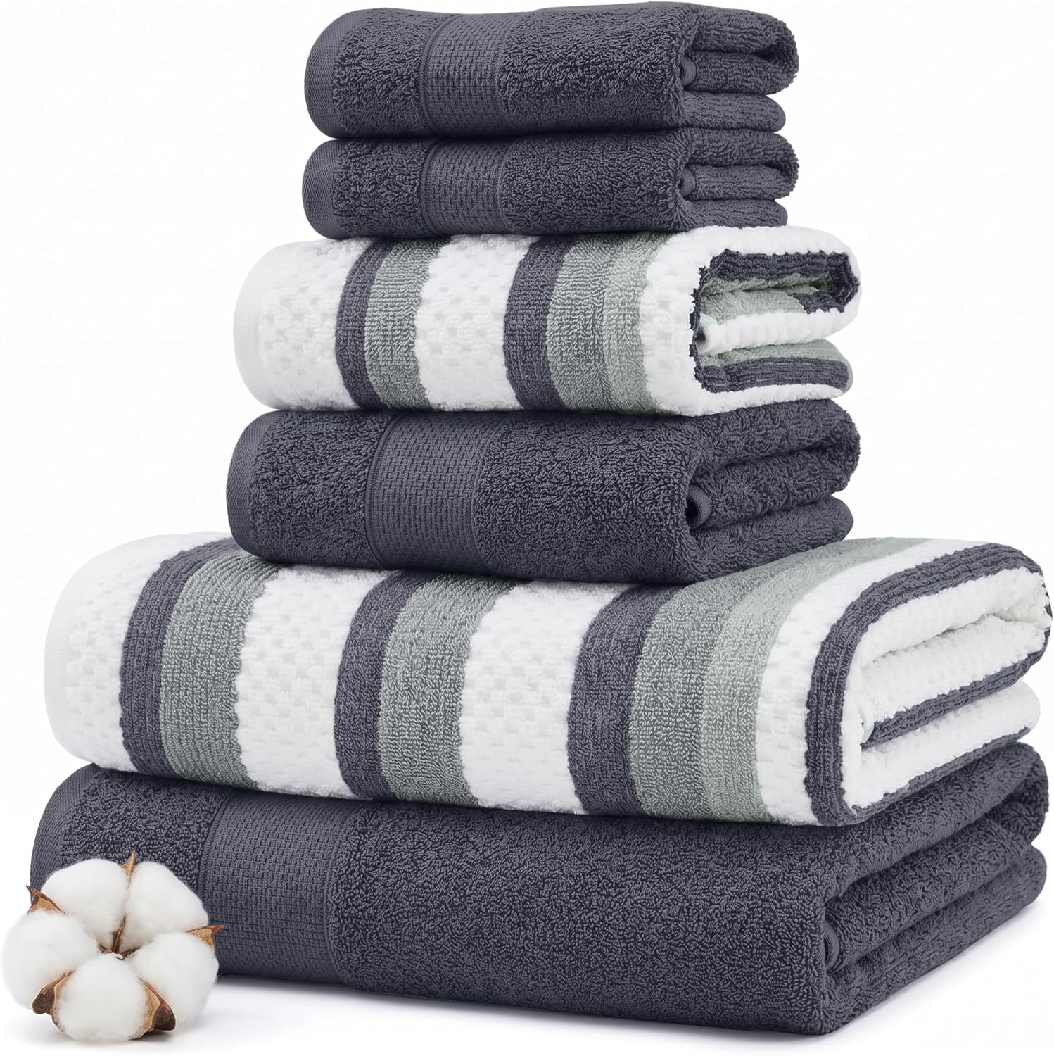 Pax 6-Piece Reversible Yarn Dyed Jacquard Towel Set - Bath Towels, Hand Towels, & Washcloths - Super Absorbent &