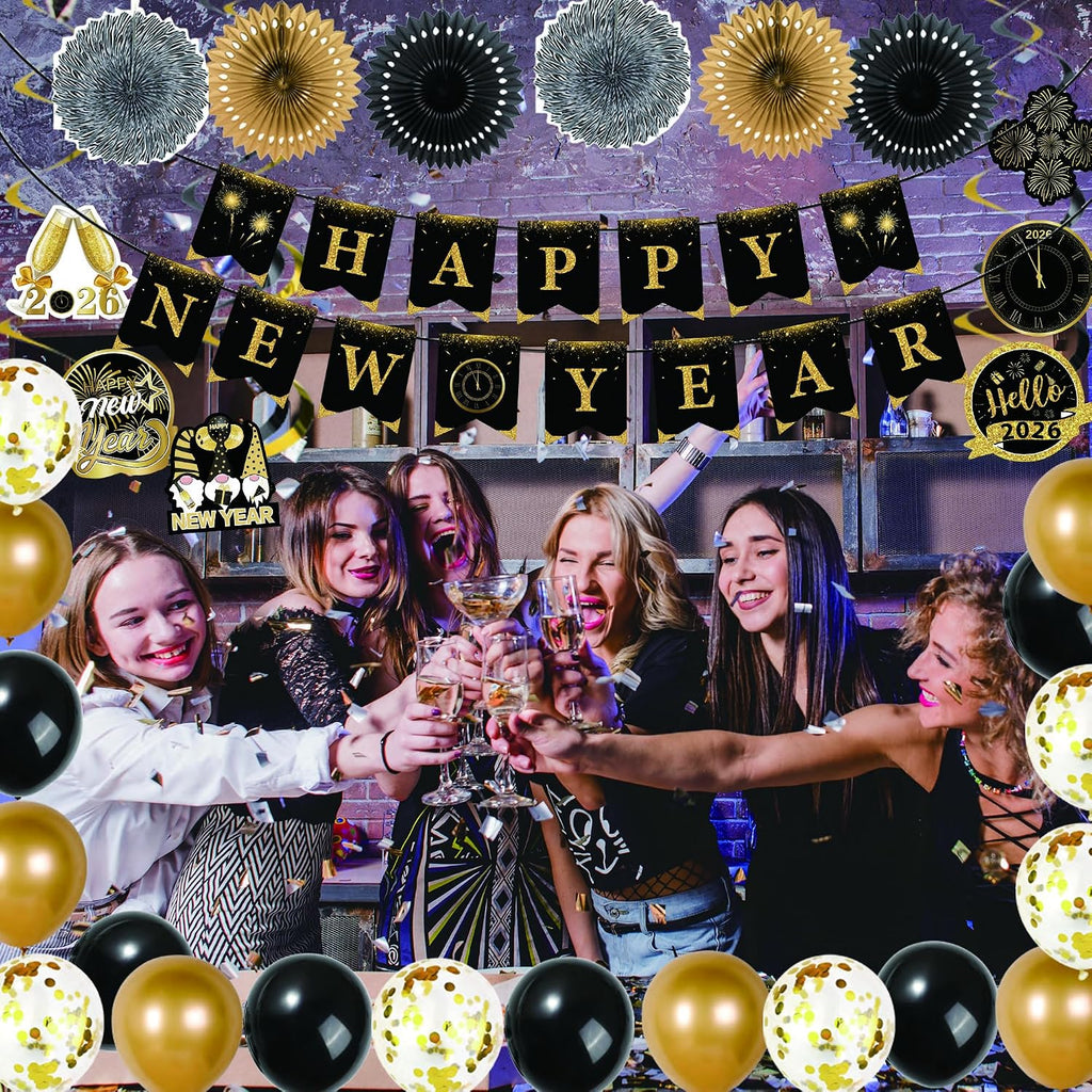 2026 New Year Decorations – Black Gold New Year’s Eve Party Supplies with Happy New Year Banner, Hanging Swirls with