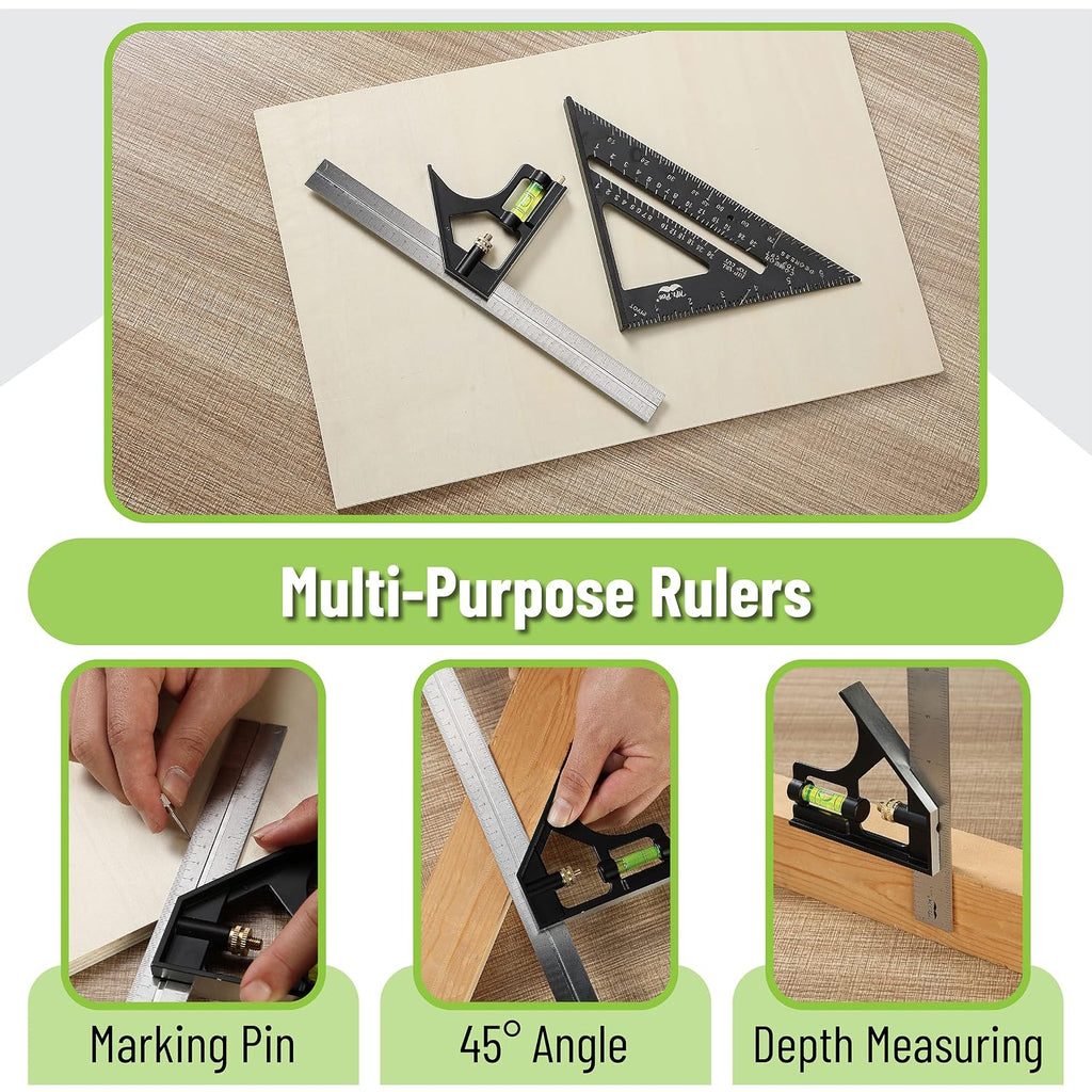 Rafter Square and Combination Square Tool Set, Black, 7" Square | 12" Aluminum Carpenter Square, Framing Square