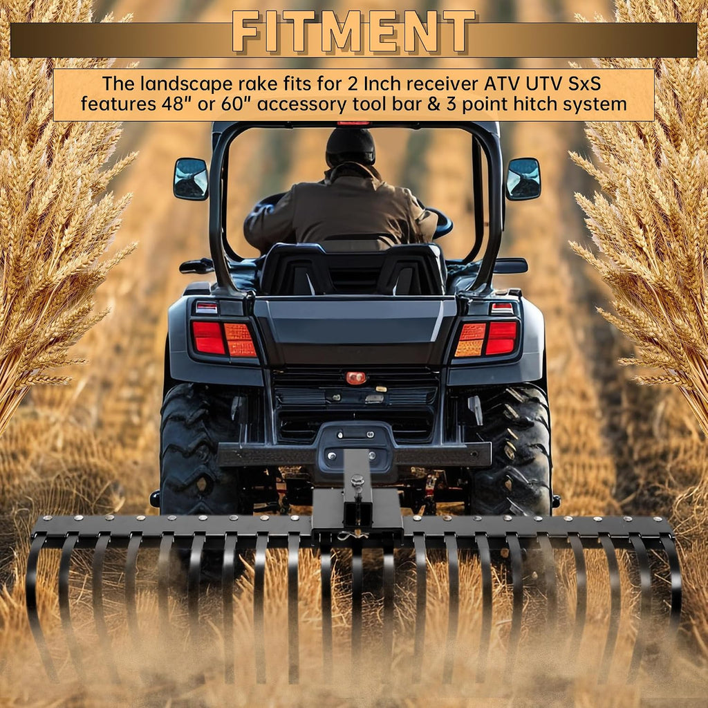 60 Inch Landscape Rake Pine Straw Rake Tractors Rake Fit for 2 Inch Receiver ATV UTV SxS Features 48" or 60"