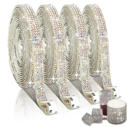 4 Rolls Self Adhesive Crystal Rhinestone Ribbon Diamond Bling Tape with 2 mm Rhinestones Strips Sticker for Arts