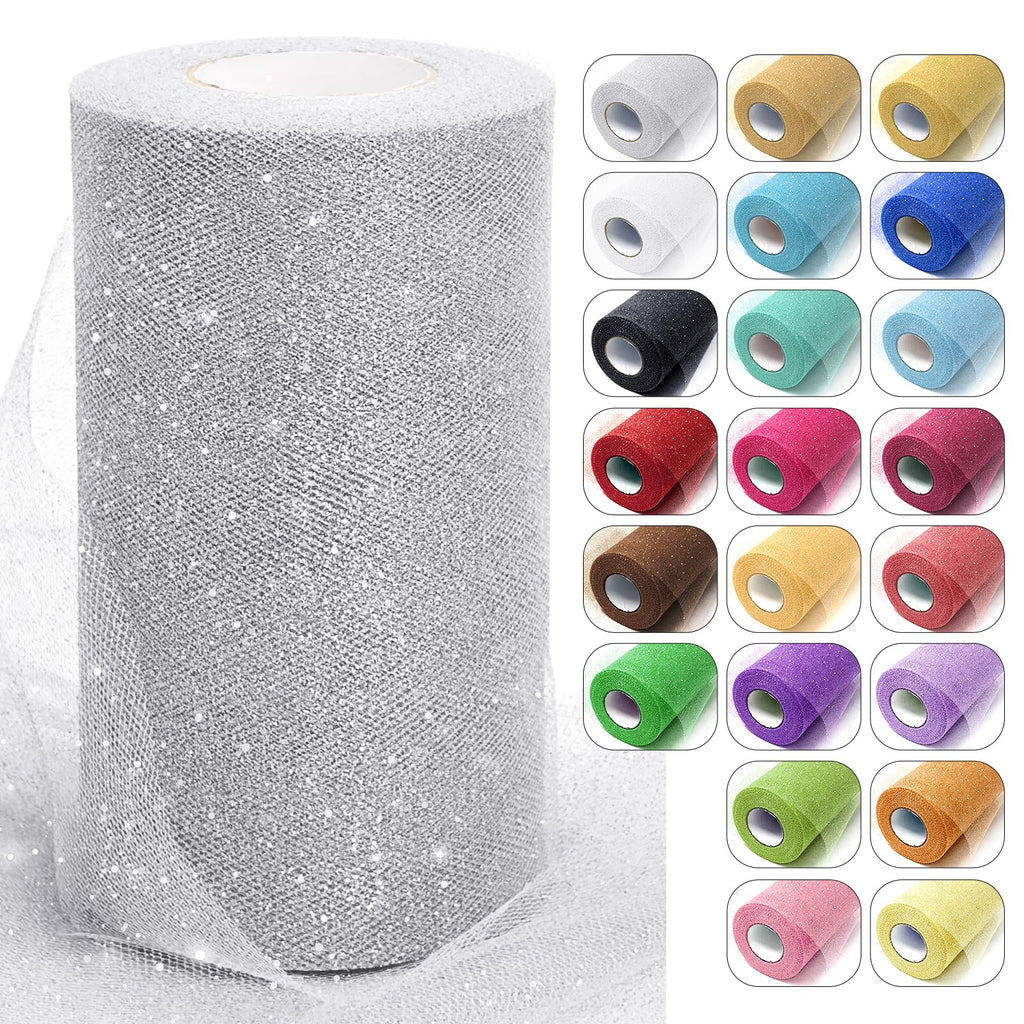 6" x 50 Yards Silver Glitter Tulle Fabric Rolls for DIY Tutu Party Decor