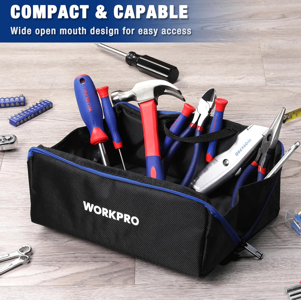 Tool Bag, 10" Wide Mouth Utility Tool Bag with Zipper, Heavy Duty Tool Storage Bag, Multipurpose Tool Case Small Tool