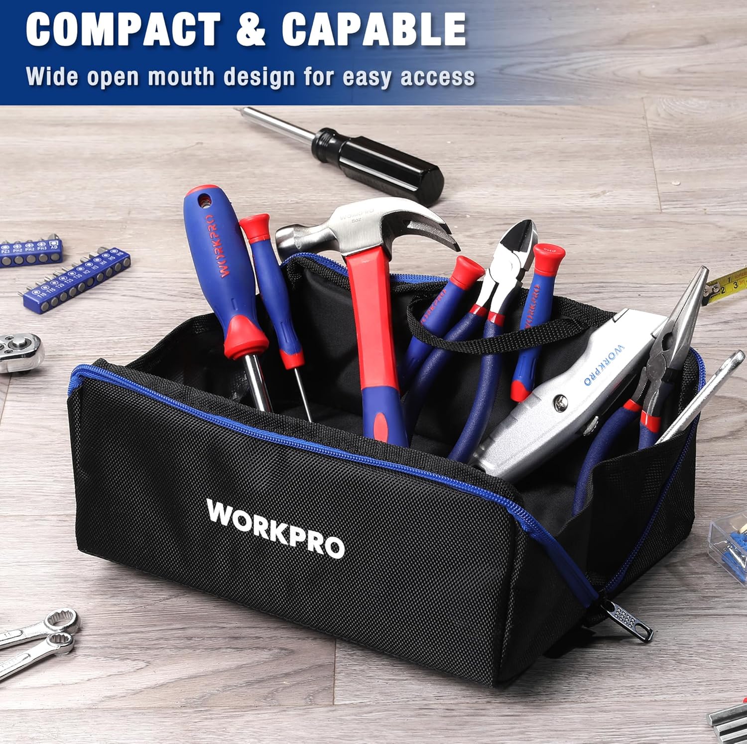 Tool Bag, 10" Wide Mouth Utility Tool Bag with Zipper, Heavy Duty Tool Storage Bag, Multipurpose Tool Case Small Tool