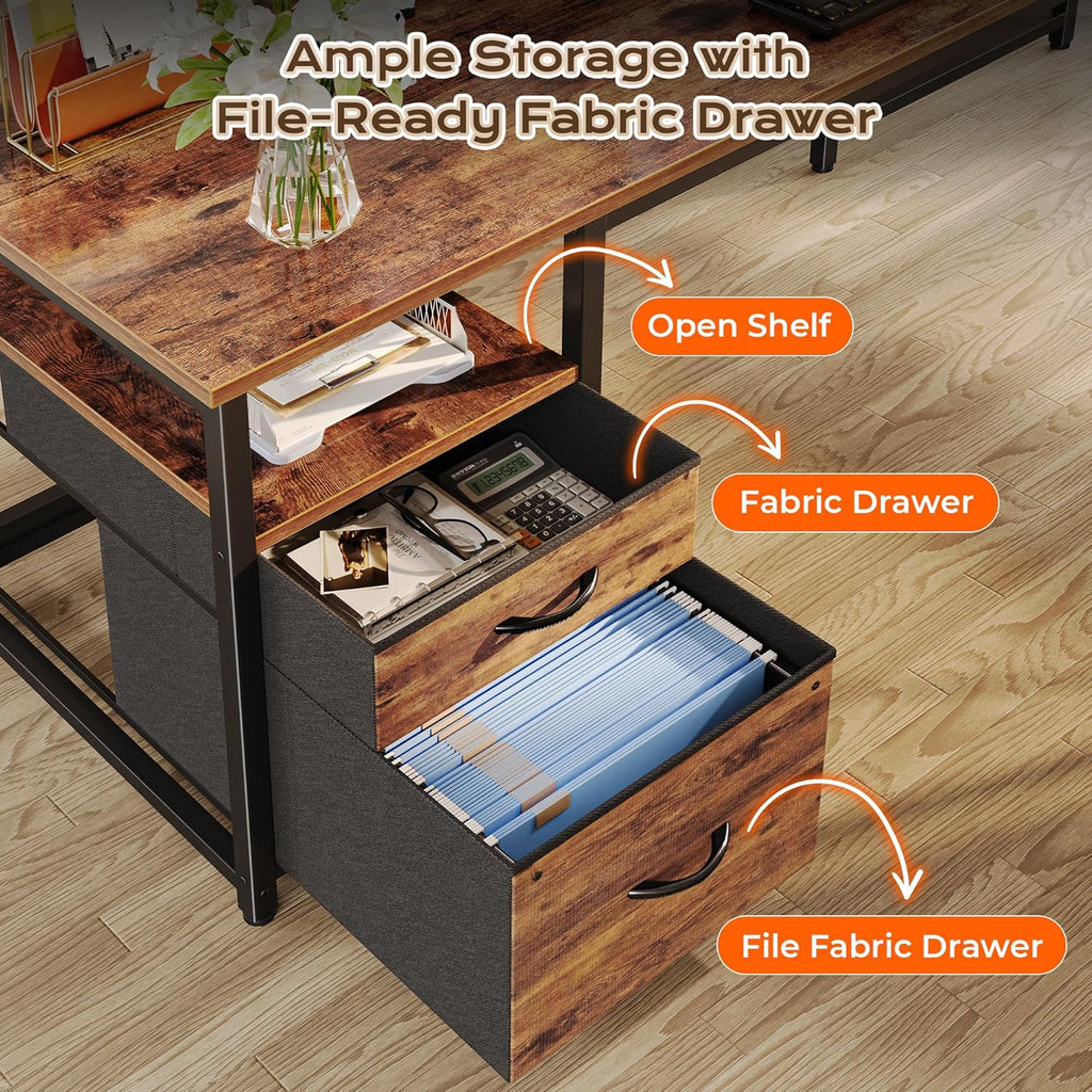 63 Inch L Shaped Desk with Power Outlets and USB-C Port, Computer Corner Home Office Desk with File Fabric Drawers