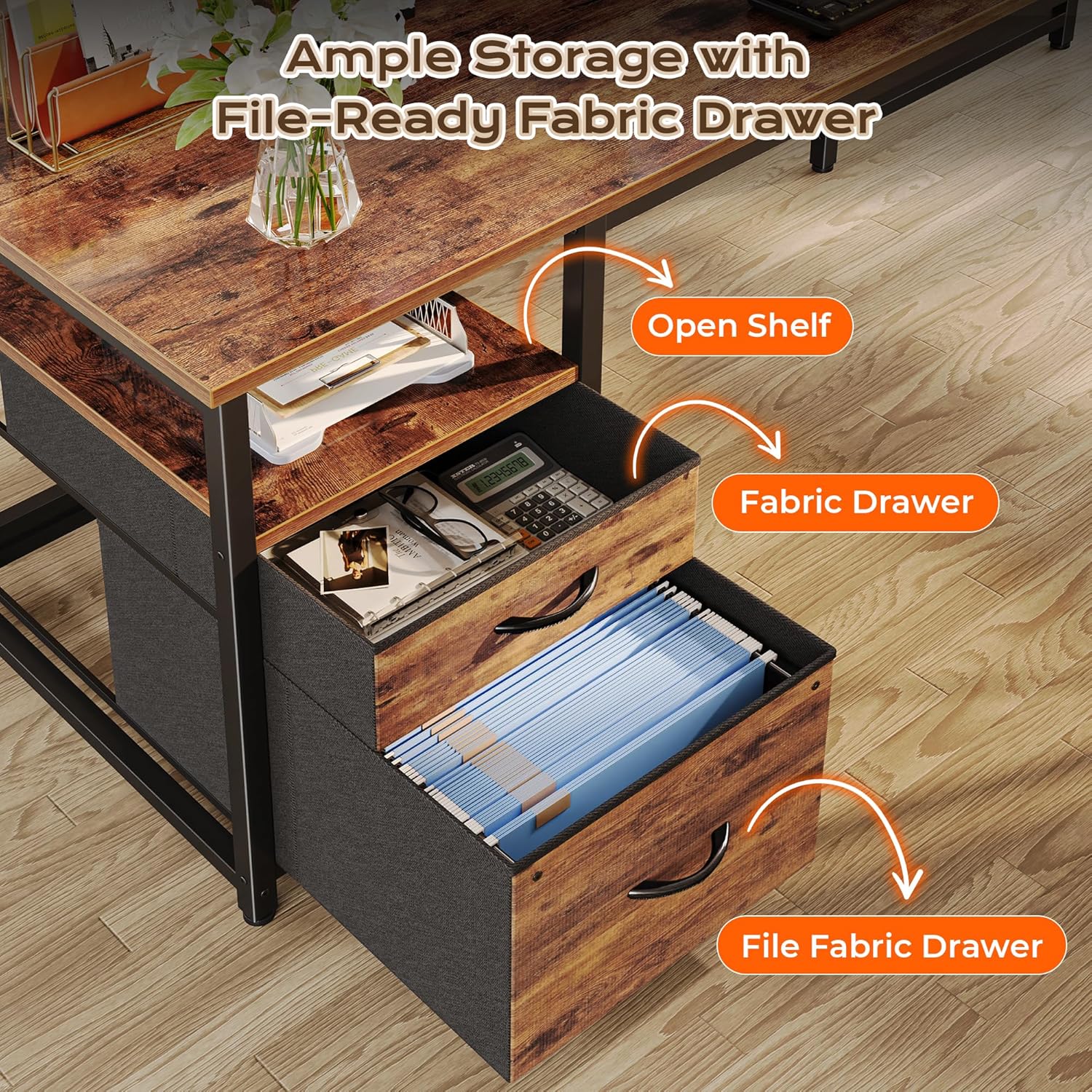 63 Inch L Shaped Desk with Power Outlets and USB-C Port, Computer Corner Home Office Desk with File Fabric Drawers