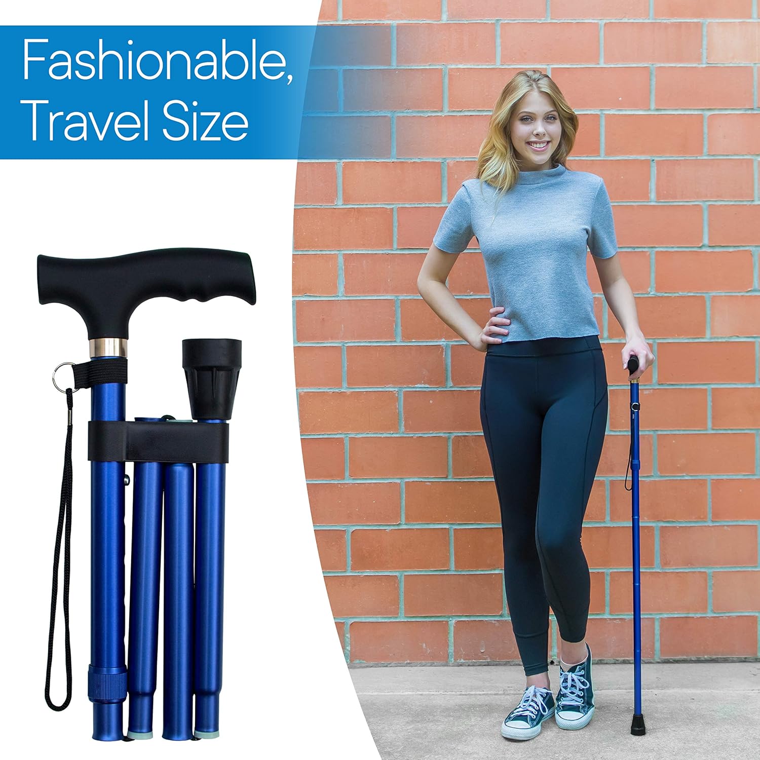 Folding Cane - Foldable Walking Cane with Adjustable Height - Collapsible and Lightweight - Soft Ergonomic Handle for