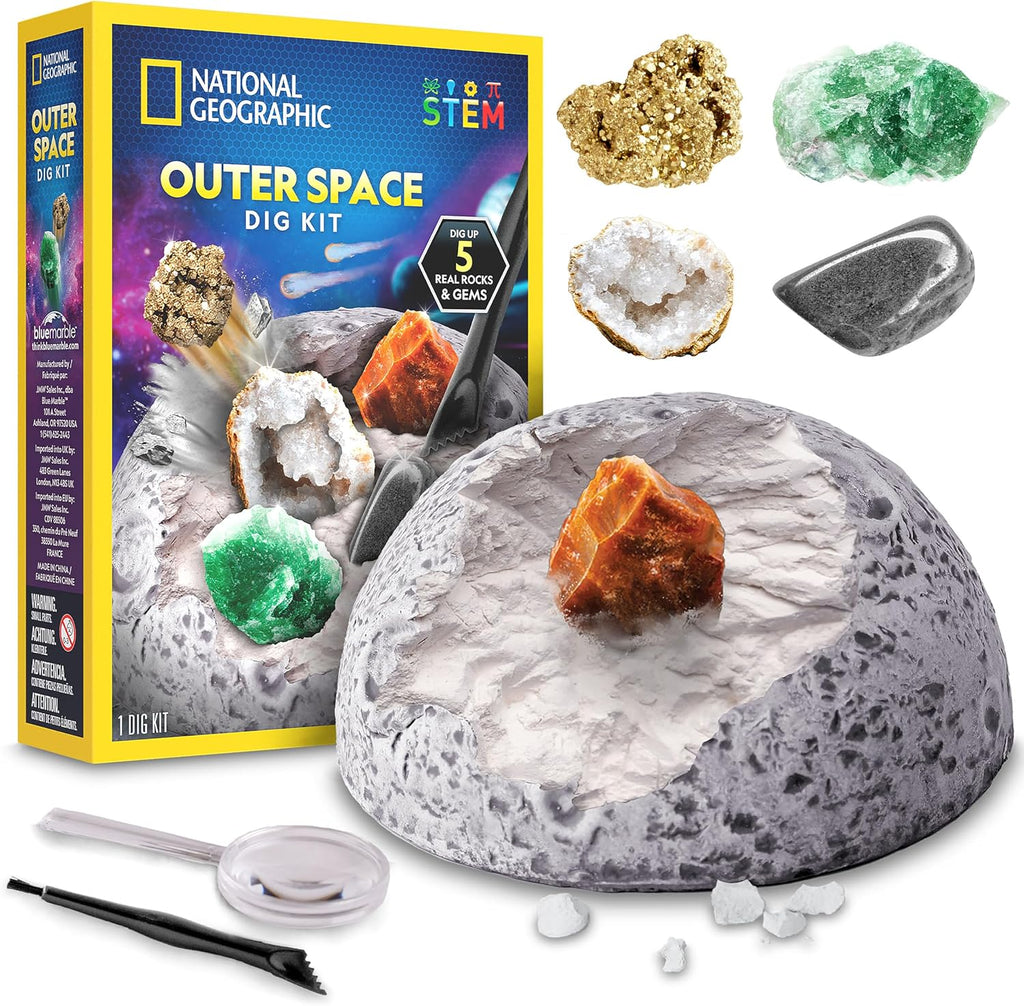 National Geographic Outer Space Gemstone Dig Kit with 5 Real Specimens | 5 Real Rocks and Gemstones, Space-Themed Dig