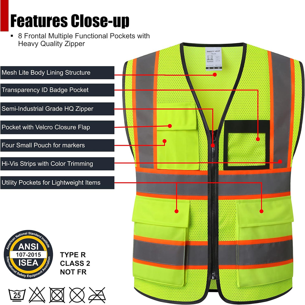 Reflective Safety Vest for Men Women Hi Vis Vest with 8 Pockets High Visibility Mesh Reflective Vest Meets ANSI/ISEA