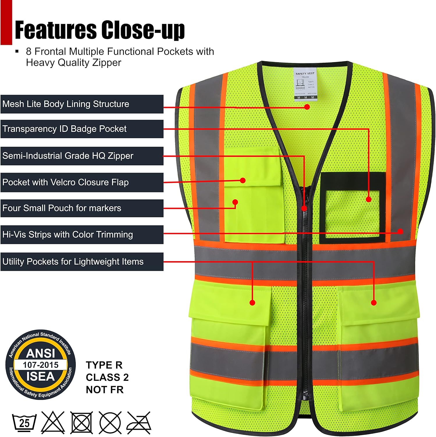 Reflective Safety Vest for Men Women Hi Vis Vest with 8 Pockets High Visibility Mesh Reflective Vest Meets ANSI/ISEA