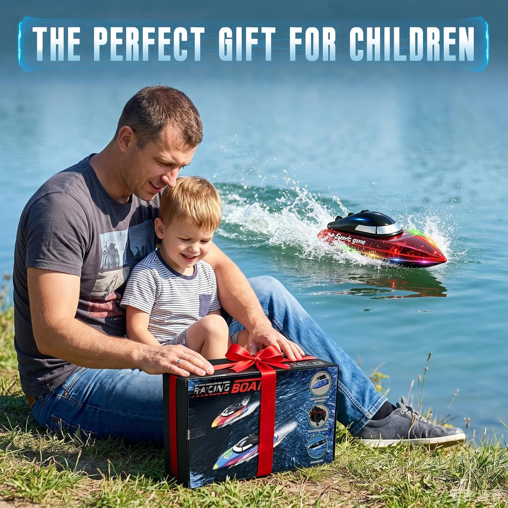 Remote Control Boat with 1800mAh Battery, Clear RC Boat with 10 LED Lights | 100 Min+ Auto Reverse 2.4 GHz Double