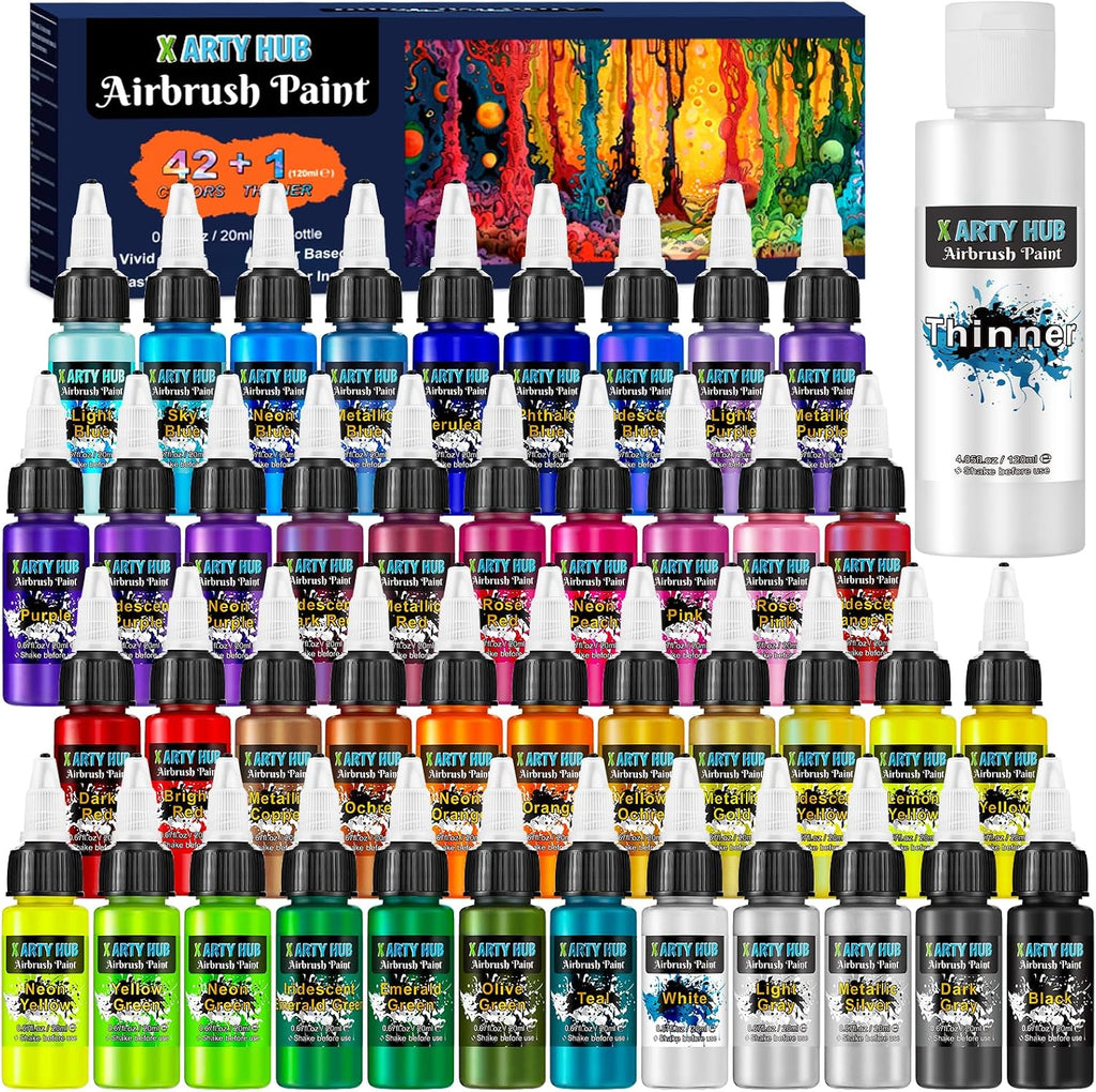 Airbrush Paint Set, 42 Acrylic Paints with 4.05 fl oz Thinner | Ready-to-Spray, Iridescent, Neon & Metallic Colors