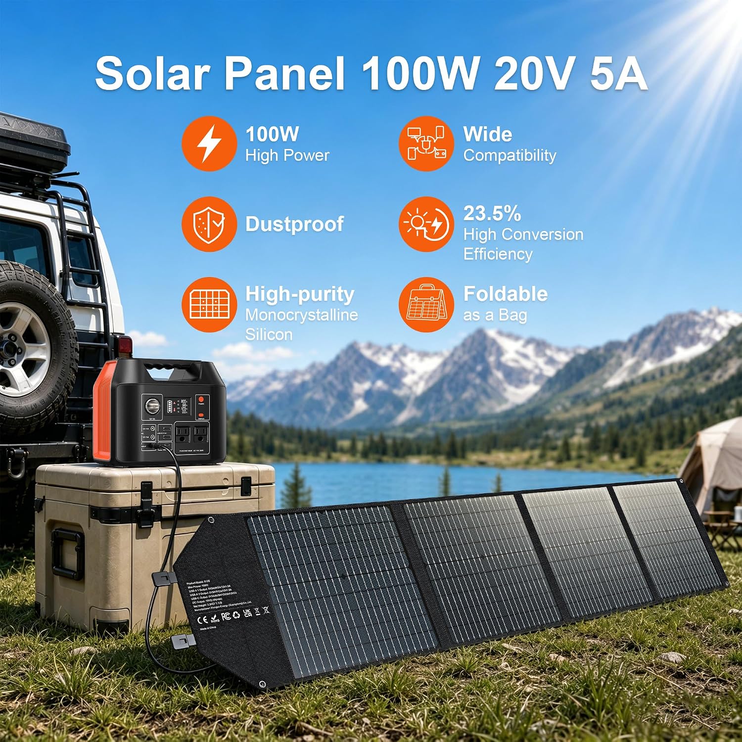 100W Portable Foldable Solar Panel 18V USB Charger for Power Station | 24% High-Efficiency Monocrystalline, 18V DC &