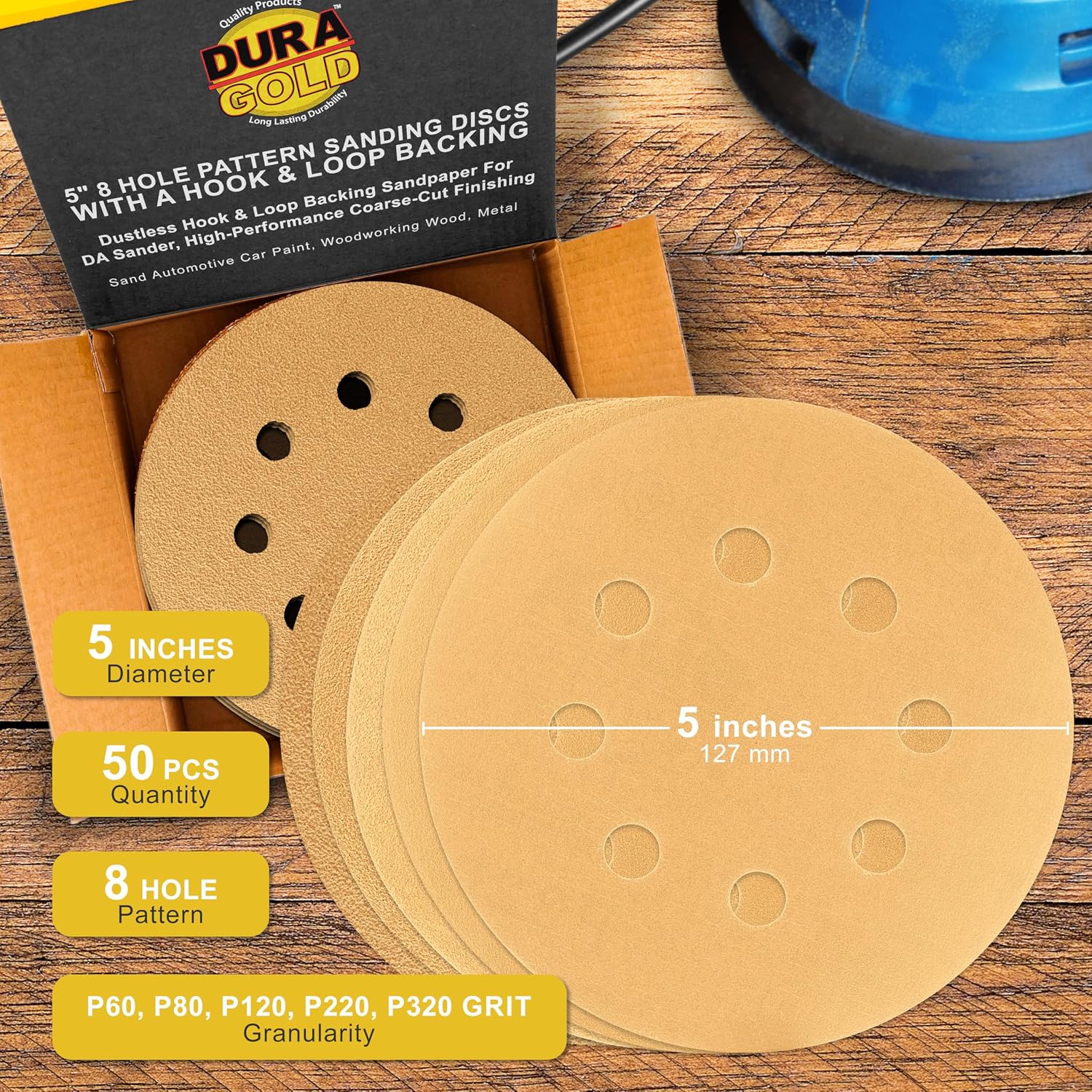 Premium - Variety Pack - 5" Gold Sanding Discs - 8-Hole Dustless Hook and Loop - 10 Each of Grit (60, 80, 120, 220