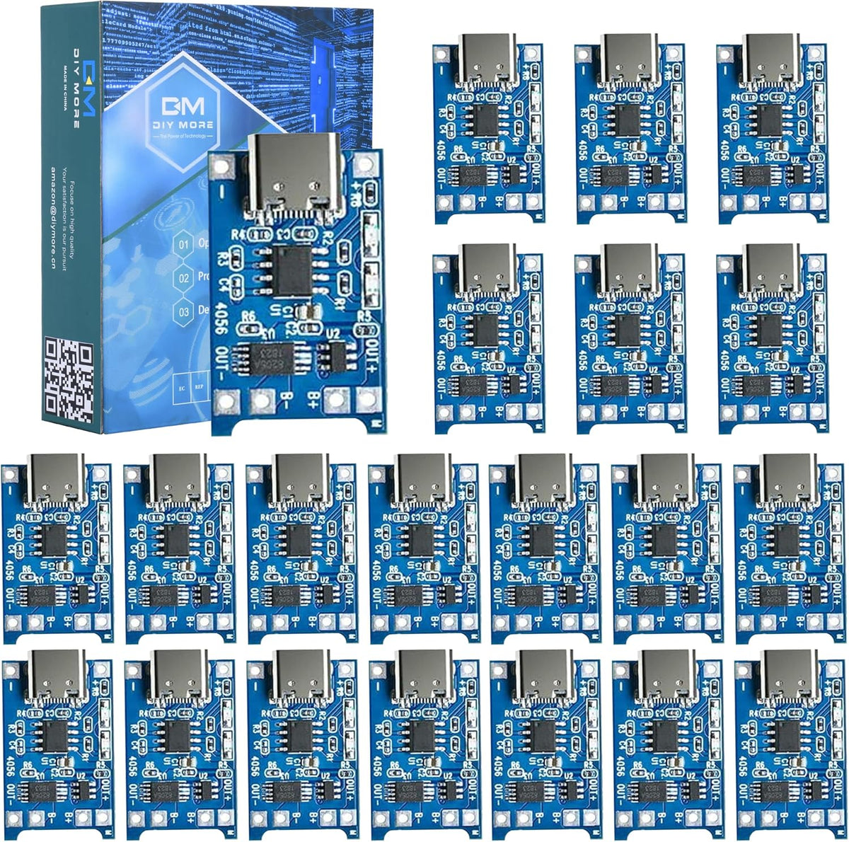 Diymore 20pcs TP4056 Type-C USB 5V 1A 18650 Lithium Battery Charger Module Charging Board with Dual Protection Functions