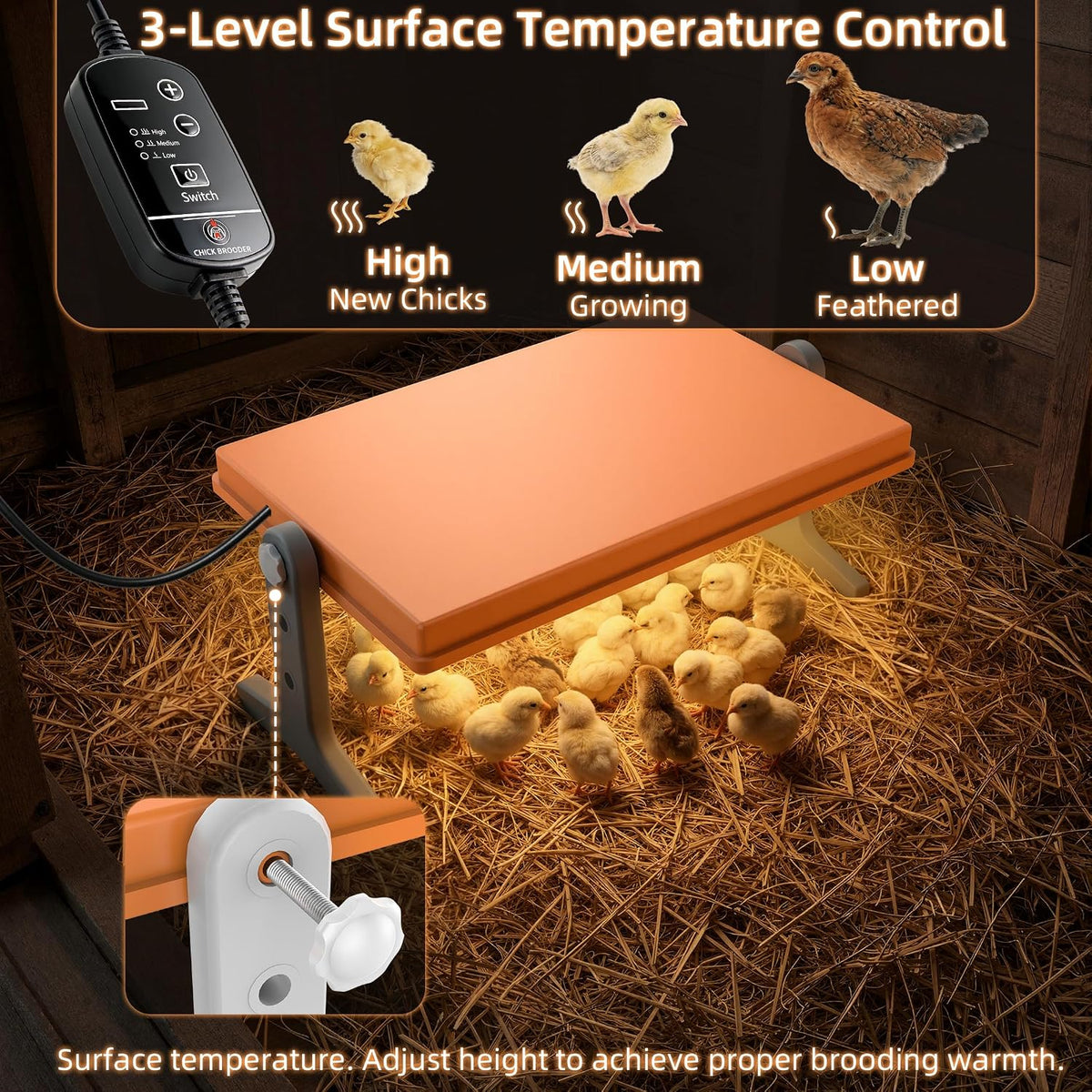 Chick Brooder Heater Plate – 12" x 8" Adjustable Height & Temperature Poultry Warmer for Up to 10 Chicks, Brooder
