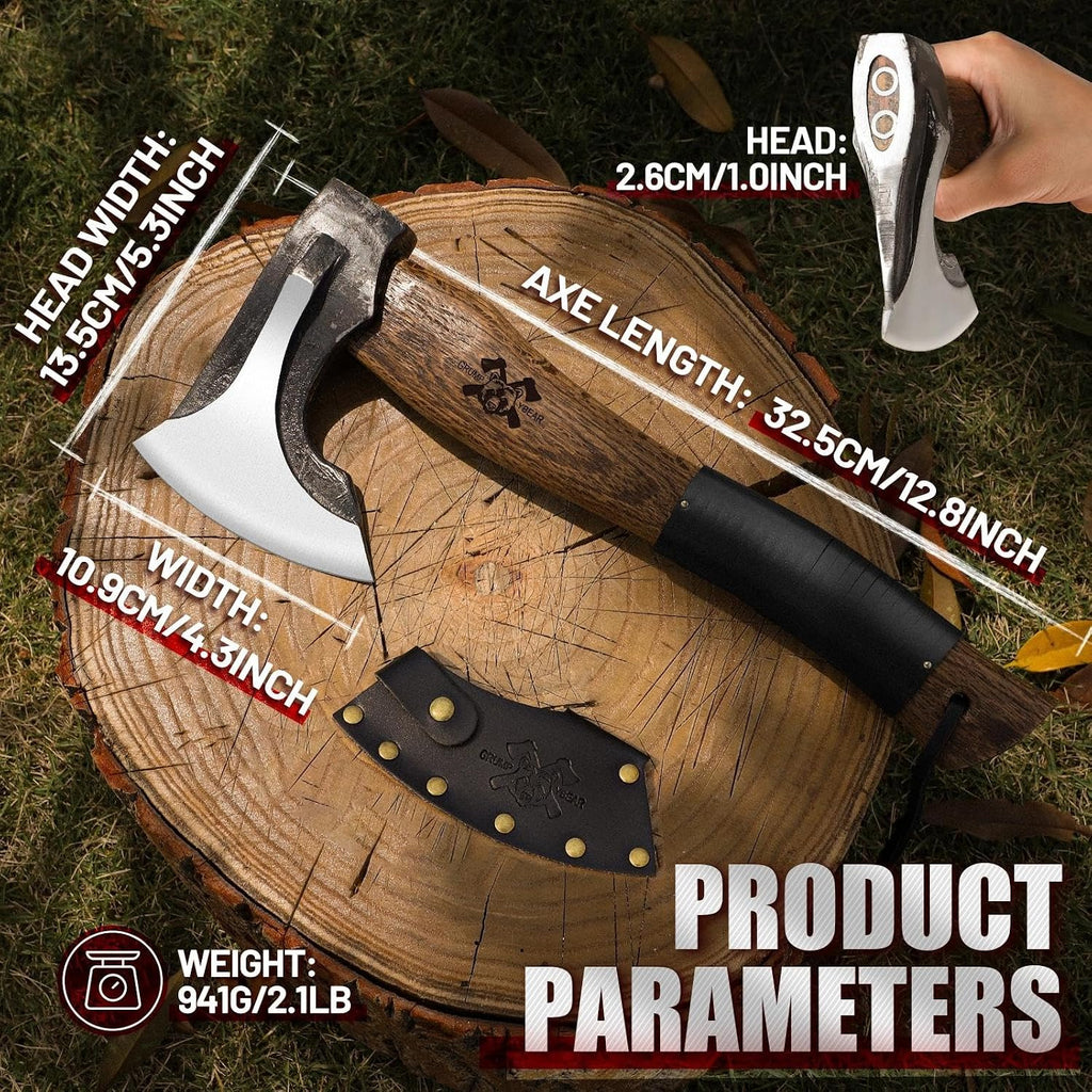 13" Camping Hatchet, Survival Axe with Sheath, High Carbon Steel and Wood Handle, Anti-Slip Grip – Ideal for