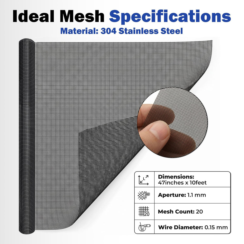 47in x 10ft Black 304 Stainless Steel Window Screen Mesh Roll