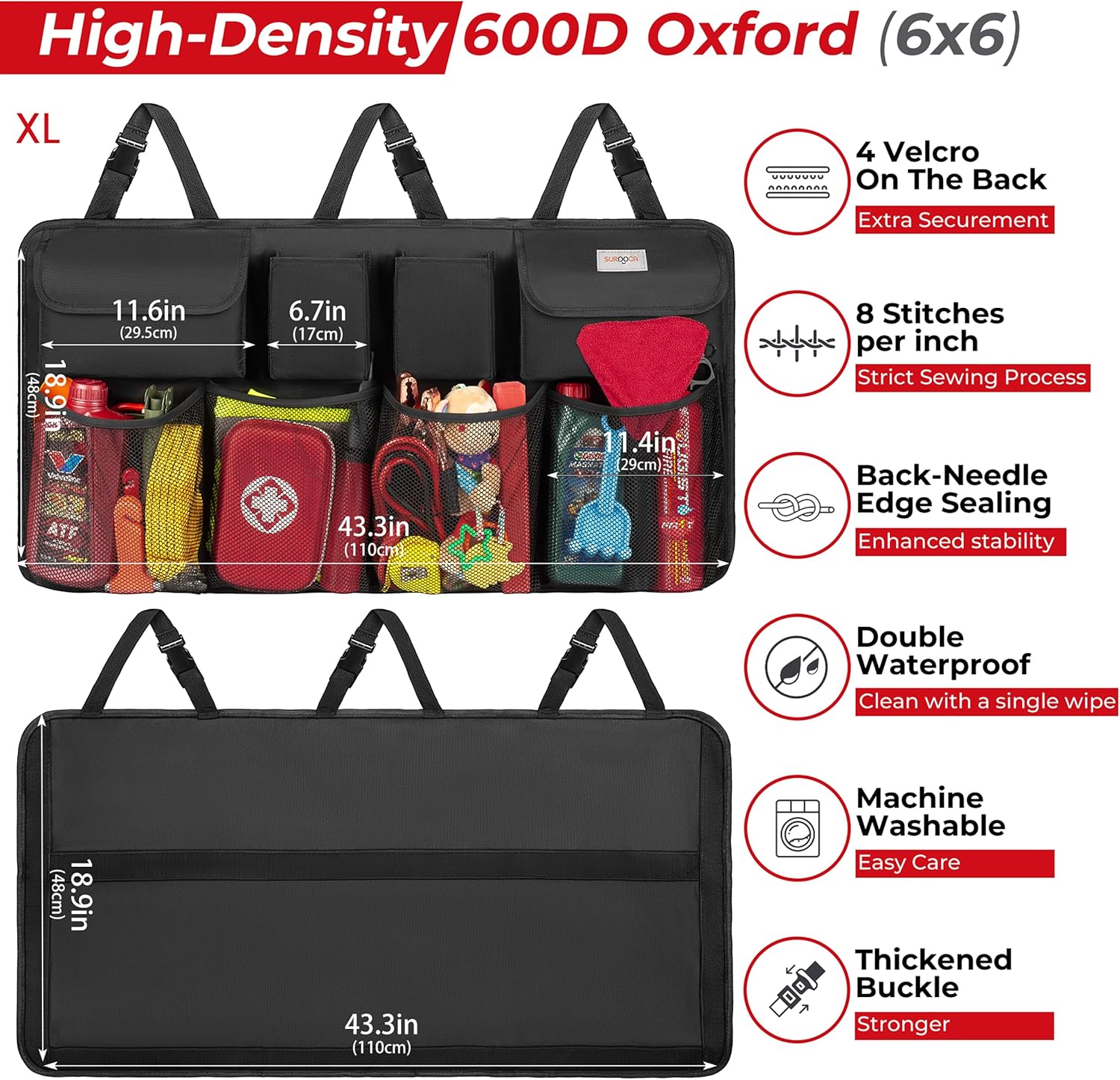 Car Trunk Organizer, LARGE CAPACITY(43 x 19 in) Car Storage Bag with 8 Pockets, 7X Upgraded Trunk Storage Organizer
