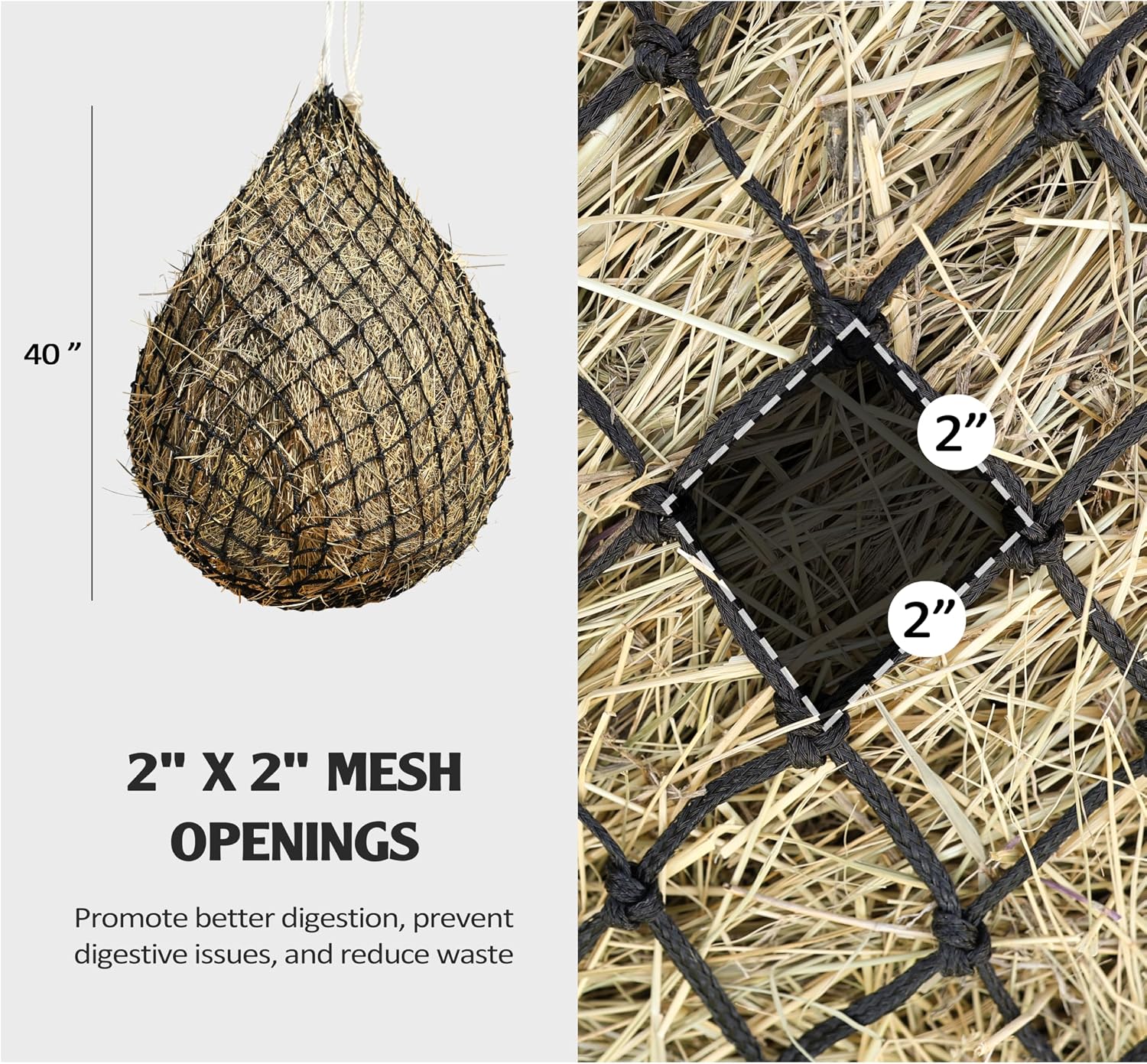 Slow Feed Hay Net for Horses 40’’ Hay Bag Horse hay Feeder Net with 2’’ Holes Black