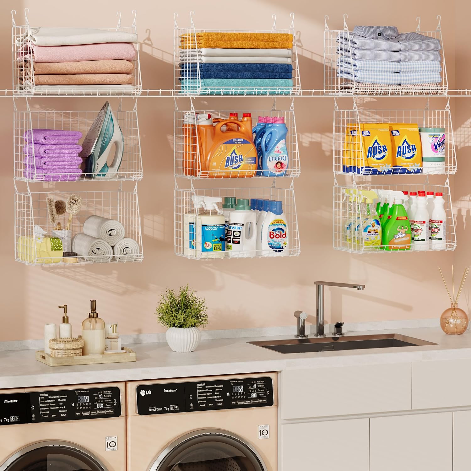 3-Pack Large Hanging Laundry Basket: Wire shelves for Laundry Room Organization with 360°Rotating Hooks Foldable