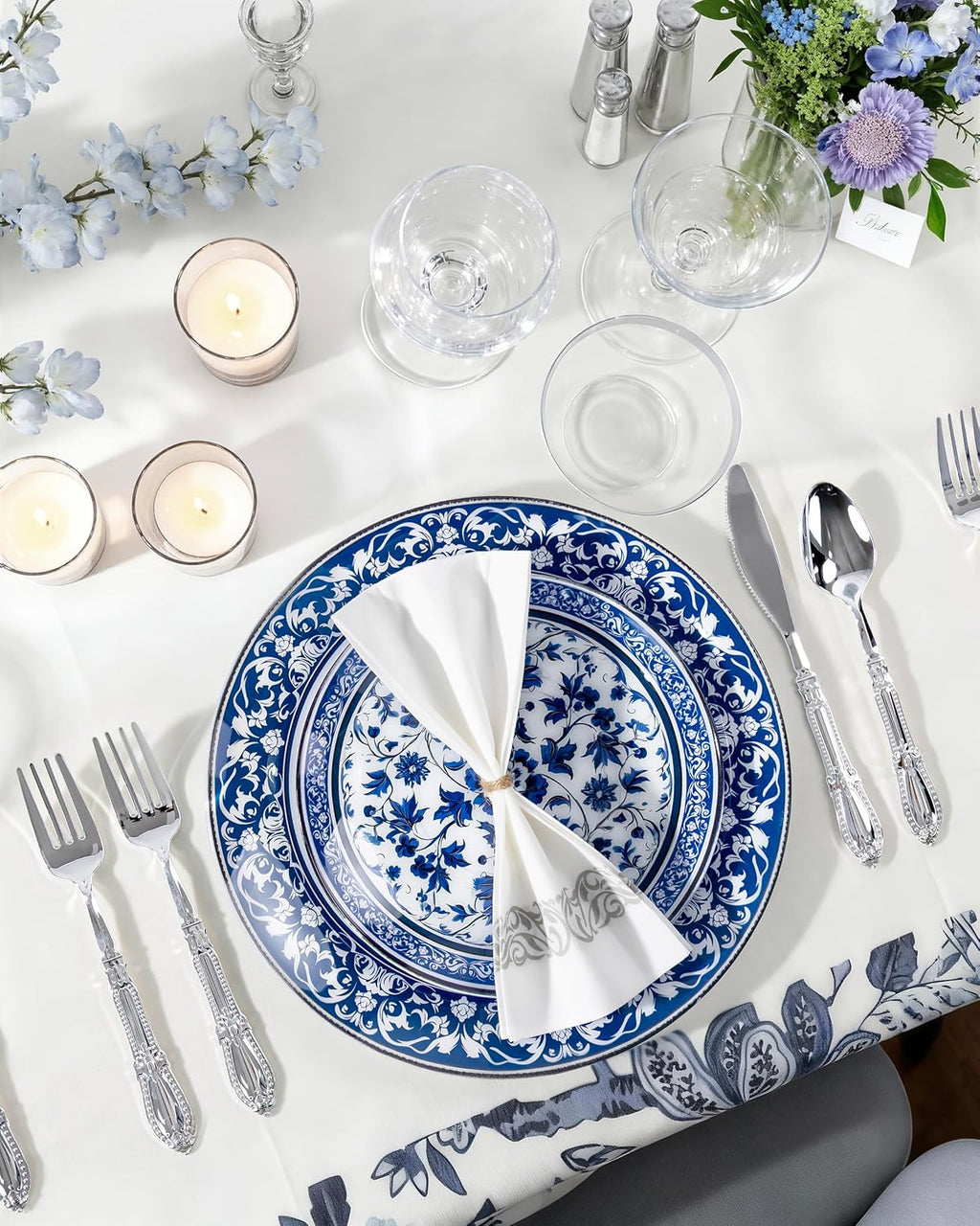 Blue Plastic Plates, Fancy Disposable Pates, 60 Pcs for 30 Guests