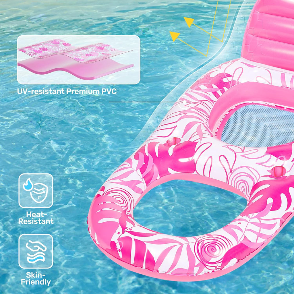 Inflatable Pool Floats Lounger Adult, Pool Float Lounge Raft Floaties Water Floating Recliner Chair with Cup Holders