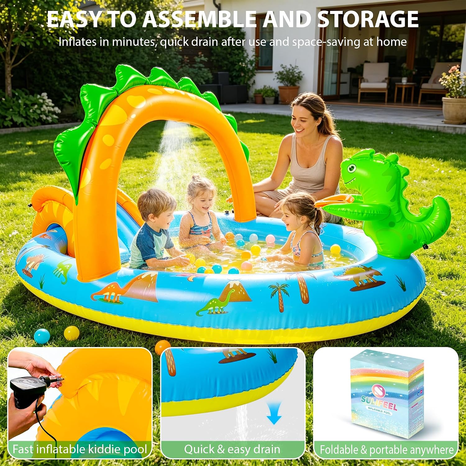 2026 Inflatable Dinosaur Play Center Kiddie Pool with Slide and Sprinkler for Children, Toddler Blow Up Splash Pad