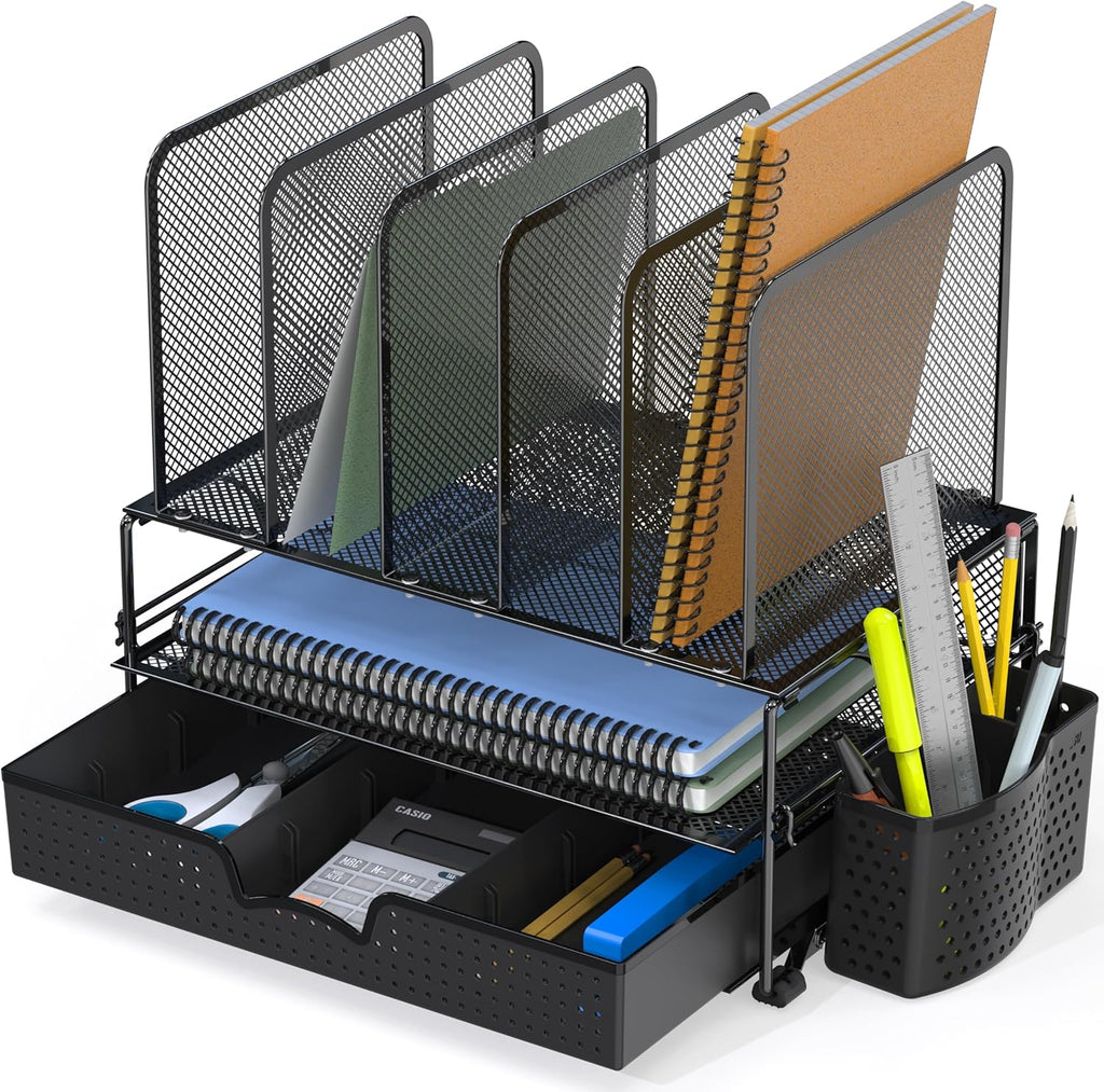 Mesh Desk Organizer with Sliding Drawer, Double Tray and 5 Upright Sections, Black