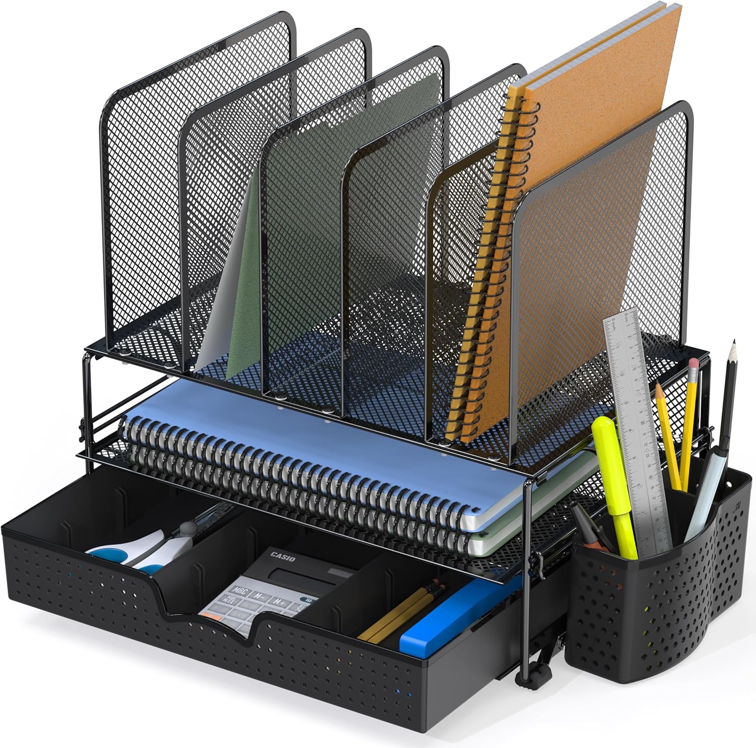 Mesh Desk Organizer with Sliding Drawer, Double Tray and 5 Upright Sections, Black