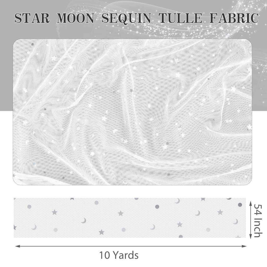 10 Yards Glitter Tulle, Star Moon Sequin, 54" Wide White
