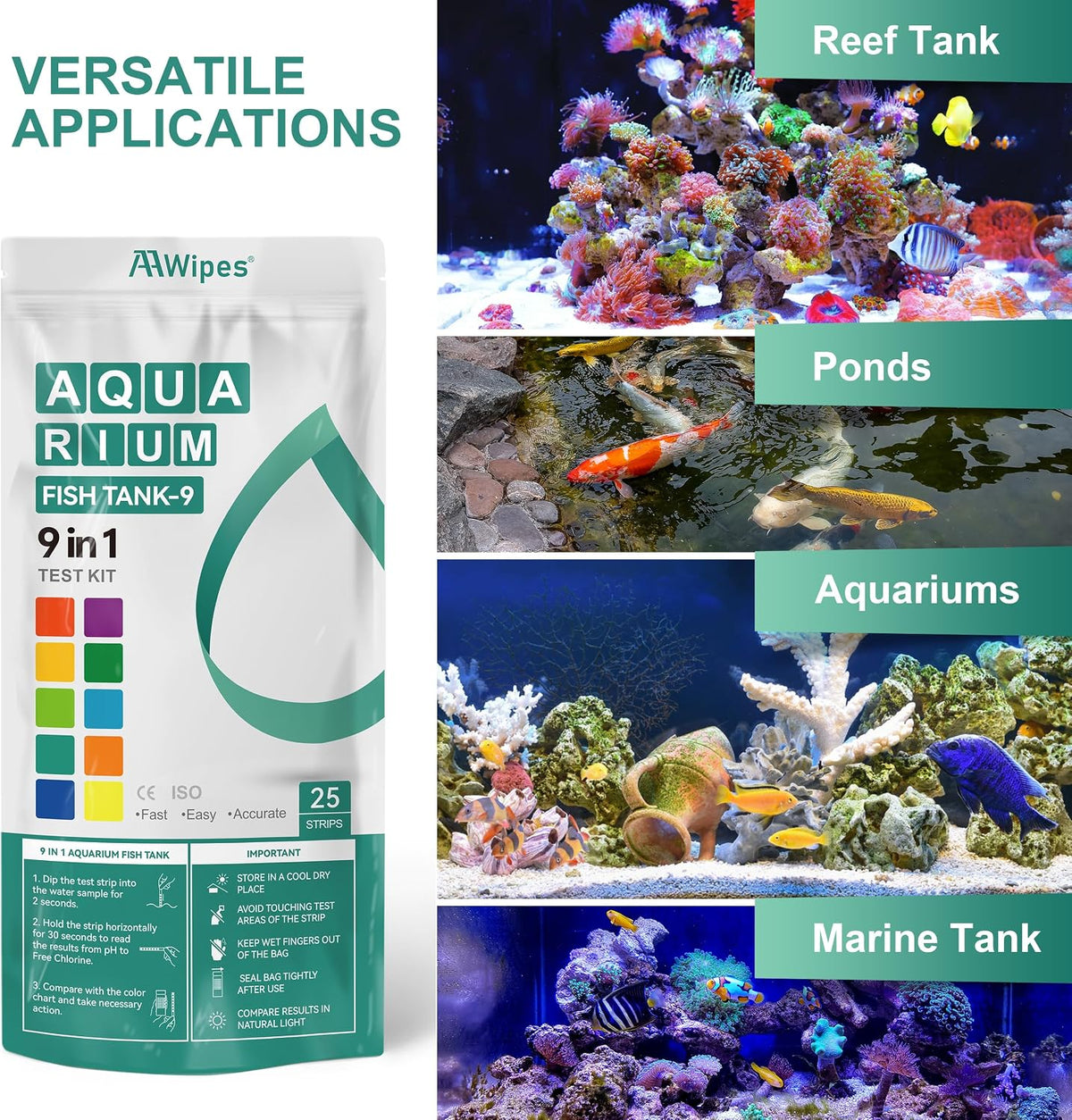 Fish Tank Marine Water Test Strips 9-in-1 |25 Strips | Freshwater, Saltwater & Reef Tanks Quick & Accurate Test pH