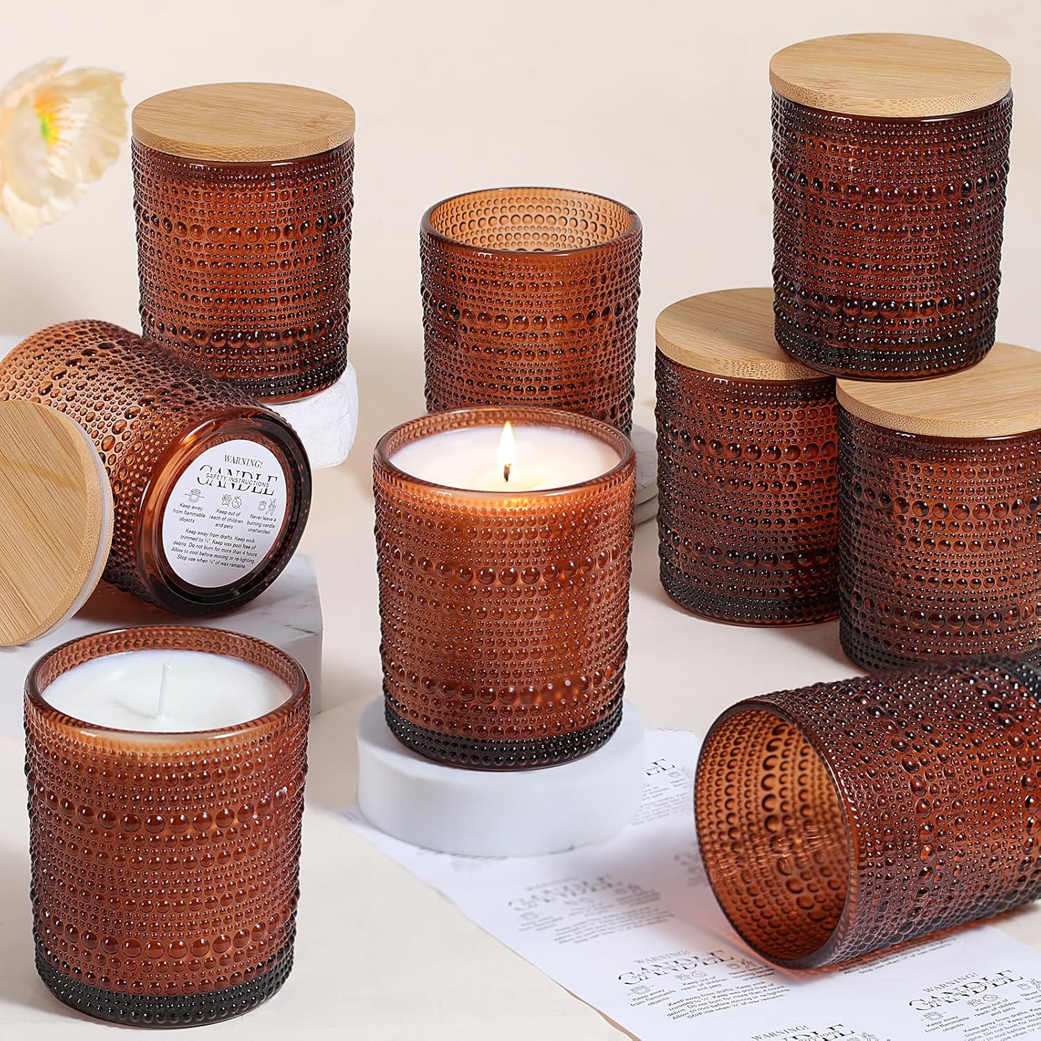 12 Pcs 10 oz Glass Candle Jars with Lids, Candle Tins-Amber | Thick Wall Ribbed Glass, Airtight Wood Lids- The go to