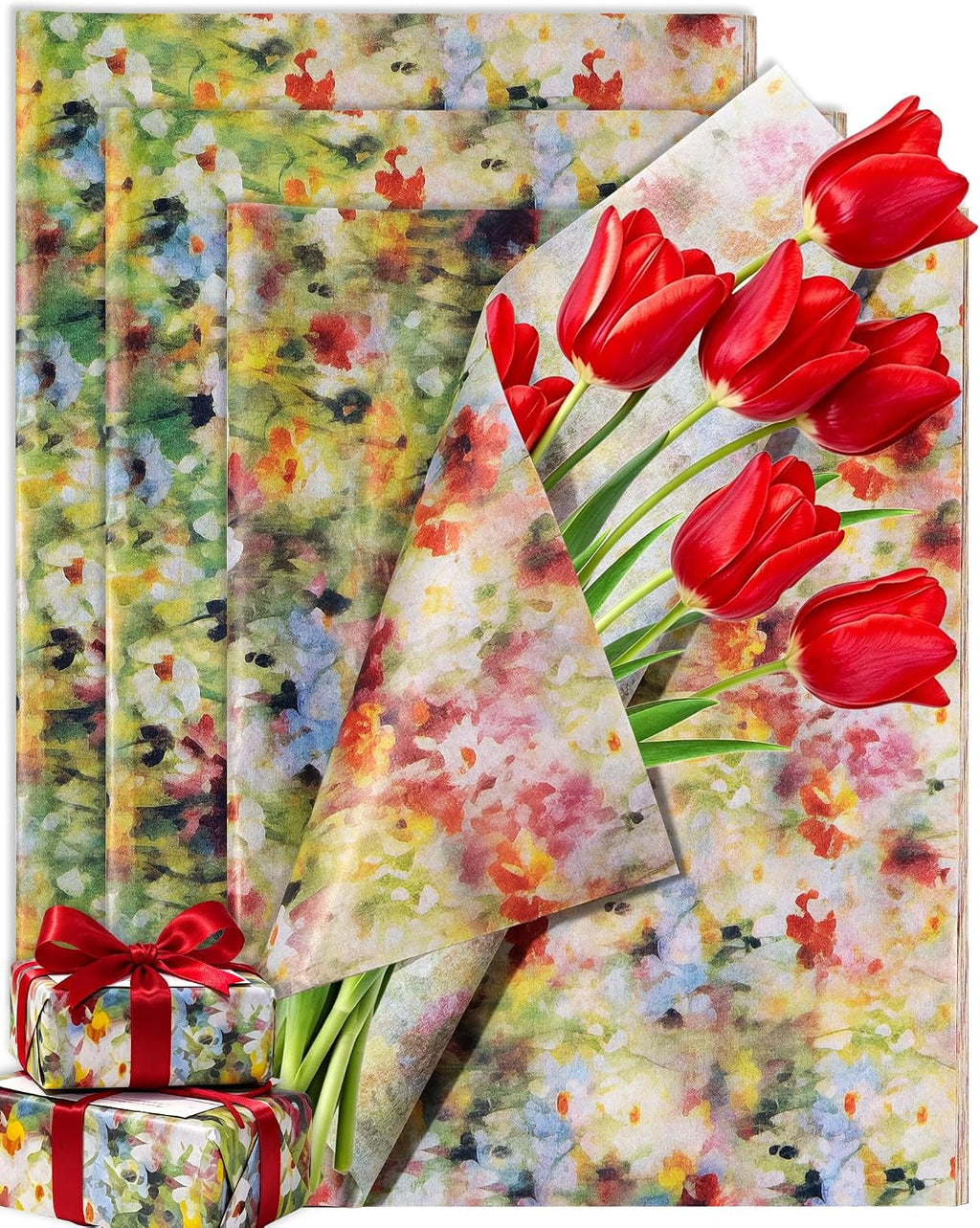 50 Sheets Floral Tissue Paper for Gift Bags,Monet Style Patterned