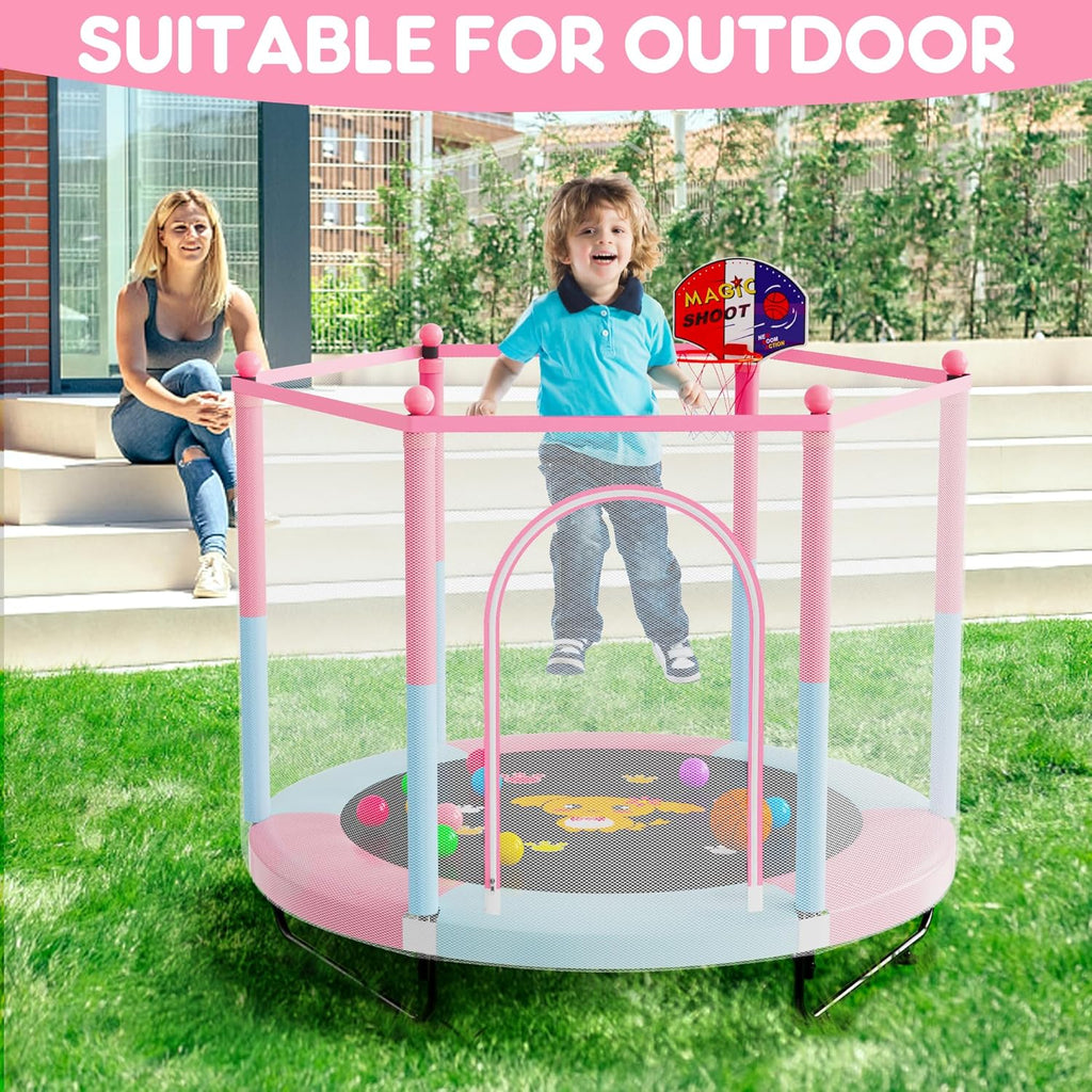 60" Trampoline for Kids, 5 FT Indoor & Outdoor Toddler Baby Trampoline with Basketball Hoop, Safety Enclosure