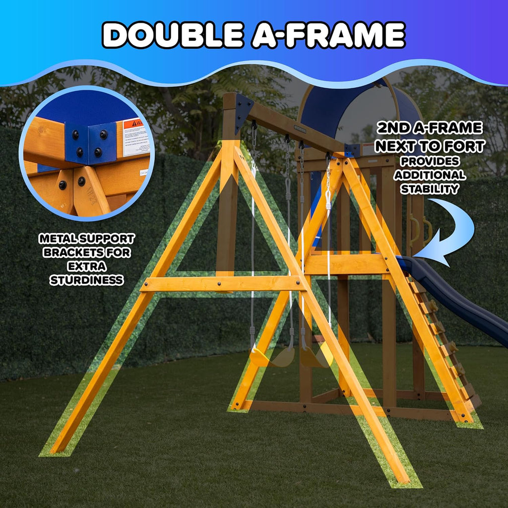 Scottsdale Cedar Wood Swing Set: 2 Adjustable Swings, Sandbox, Rock Climber, Covered Deck, 1 Slide - Exceeds ASTM