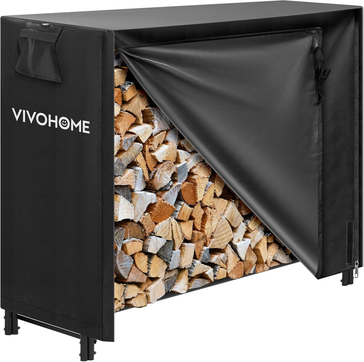 4 ft Heavy Duty Firewood Rack Outdoor with Cover, Black | Fire Wood Storage Rack, Log Holder and Cover Combo Set with