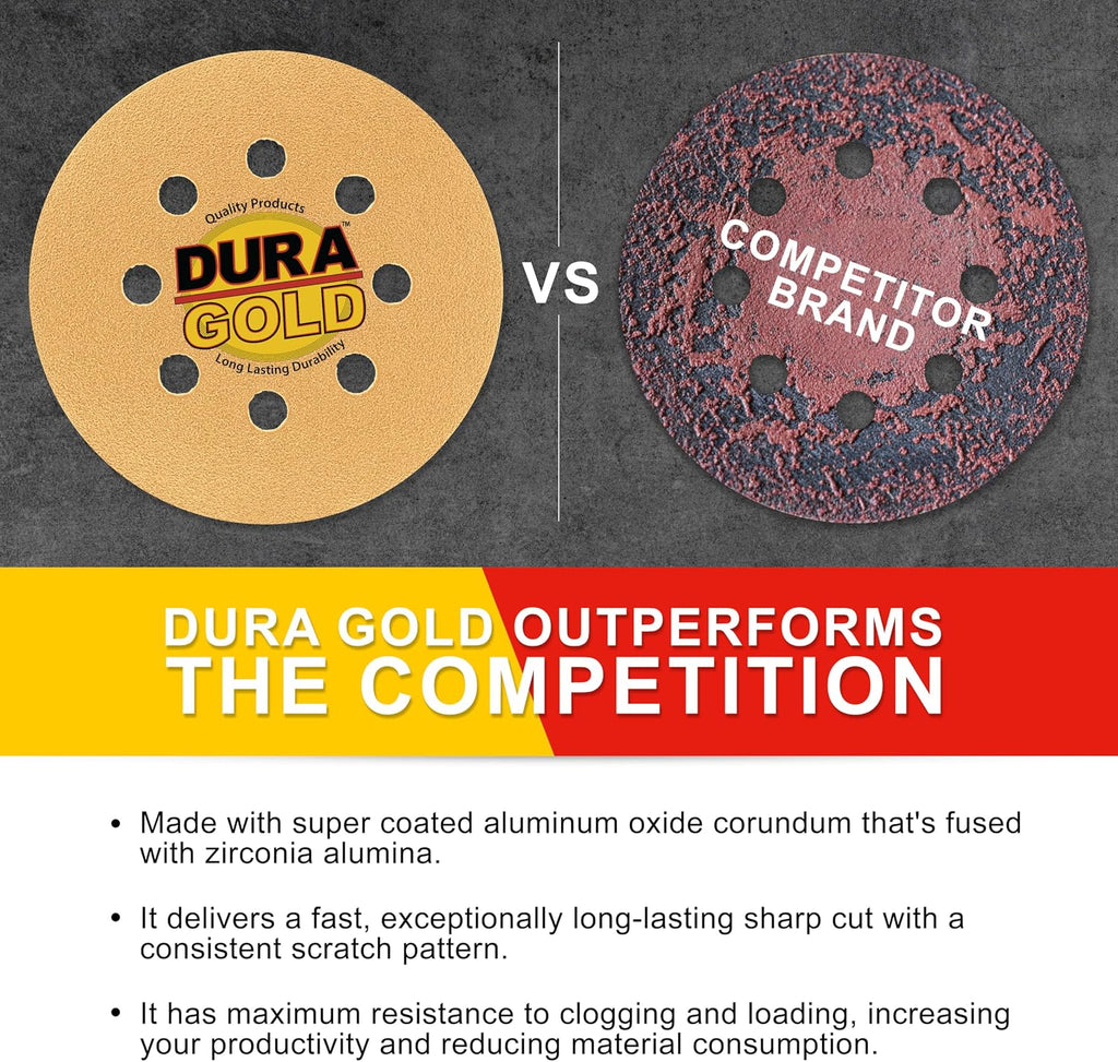 Dura-Gold 5" Gold Sanding Discs, 80 Grit, Box of 50, 8 Hole Pattern, H & L