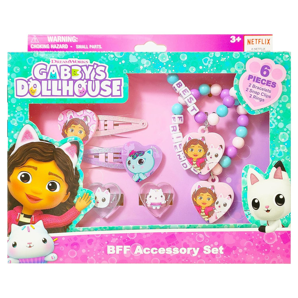 Gabby's Dollhouse Girls BFF 6 Piece Toy Jewelry Box Set with 2 Rings, 2 Bead Bracelets and Snap Hair Clips Ages 3+