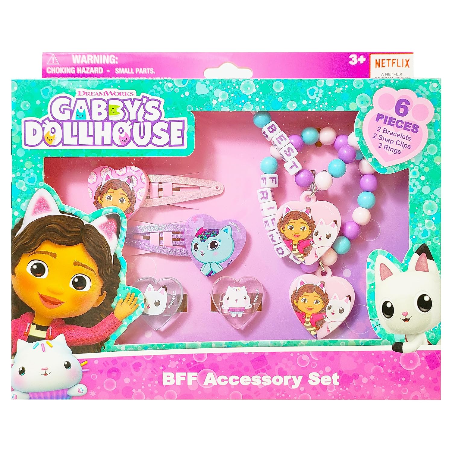 Gabby's Dollhouse Girls BFF 6 Piece Toy Jewelry Box Set with 2 Rings, 2 Bead Bracelets and Snap Hair Clips Ages 3+