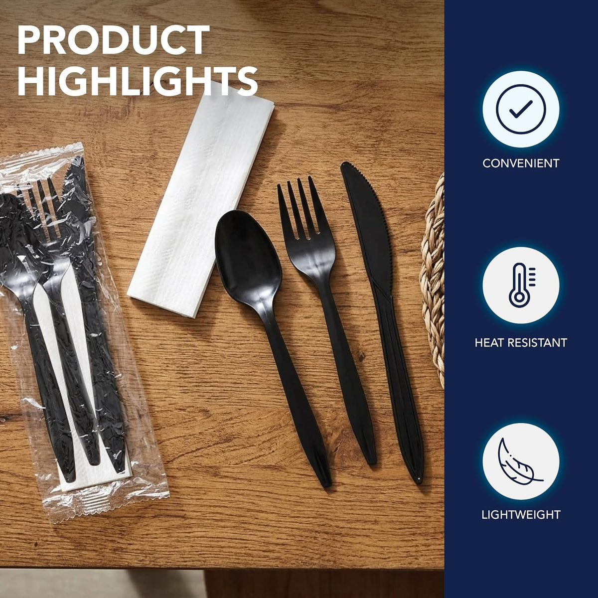 Individually Wrapped Plastic Cutlery Packets/Silverware Kits, Black Fork/Spoon/Knife/Napkin, 50 Sets