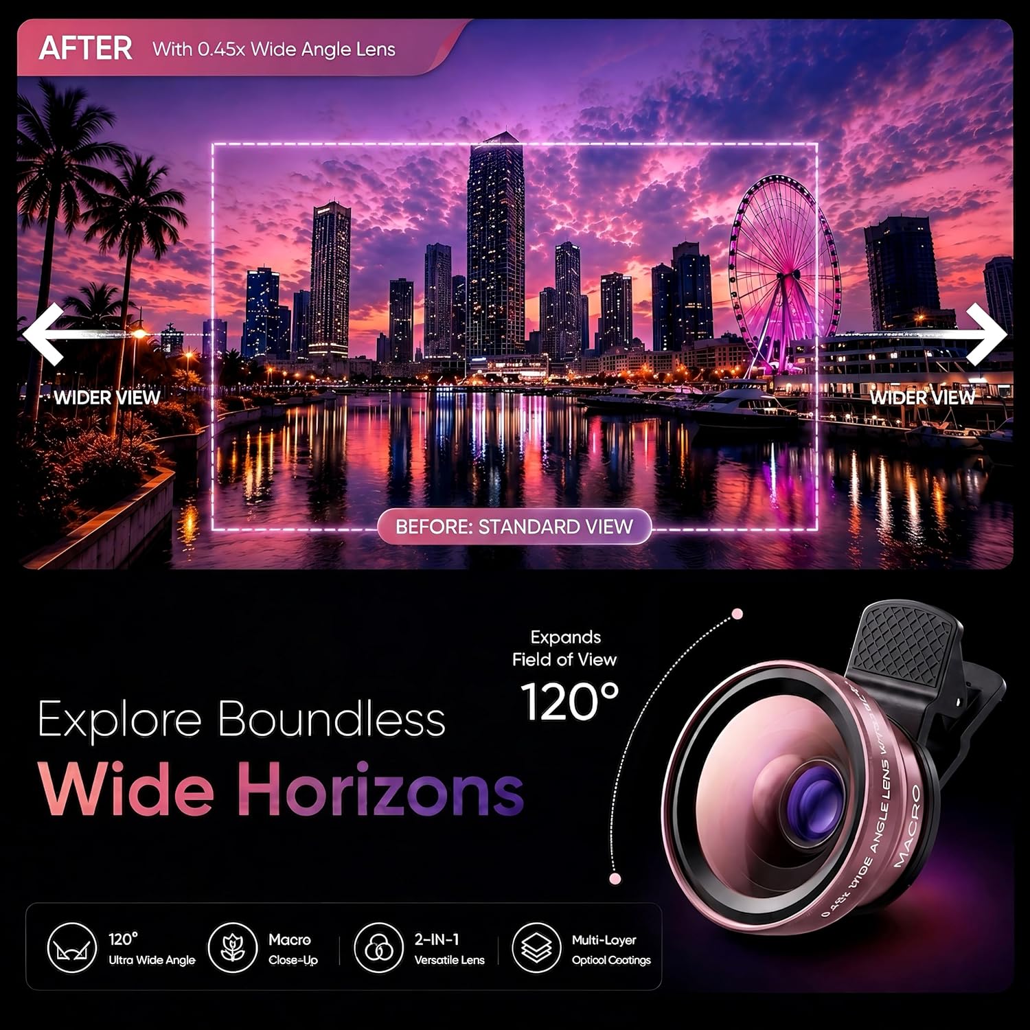 Phone Camera Lens Kit, 0.45X Super Wide Angle Lens + 15X Macro Lens 2 in 1 Professional Lens Attachment for Phone