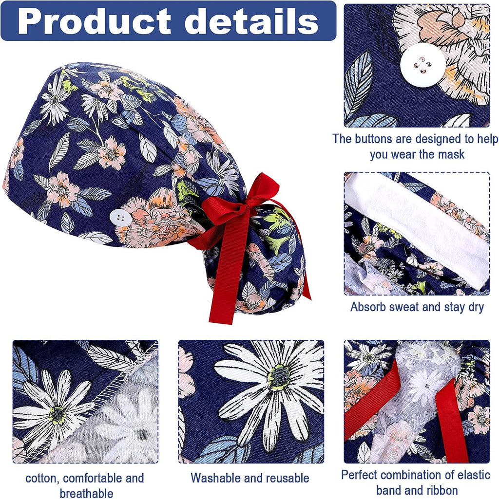 8 Pcs Scrub Caps for Women with Buttons, Ponytail Surgical Hats