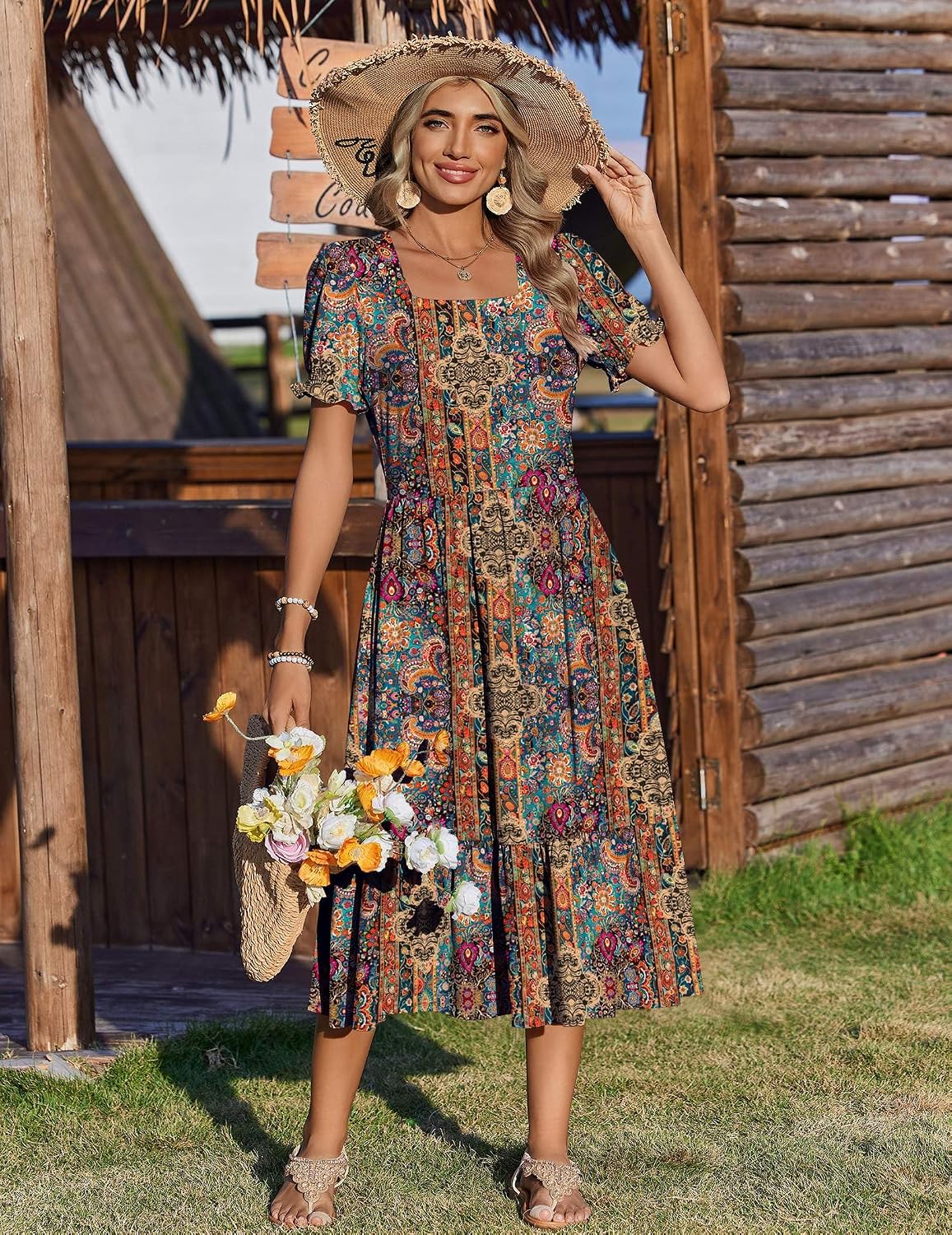 Summer Dresses for Women Flowy Casual Midi Dress Short Sleeve Tiered Dress Beach Vacation Sundresses with Pockets