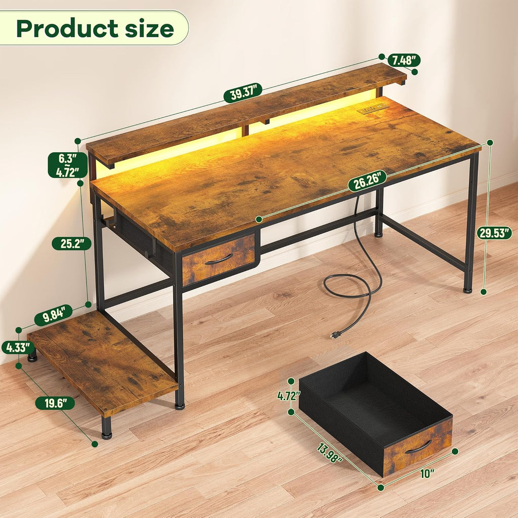 39.3Inch Office Desk with Power Outlet & Drawer, Gaming Desk with CPU Stand& LED Lights,Computer Desk with Ergonomic
