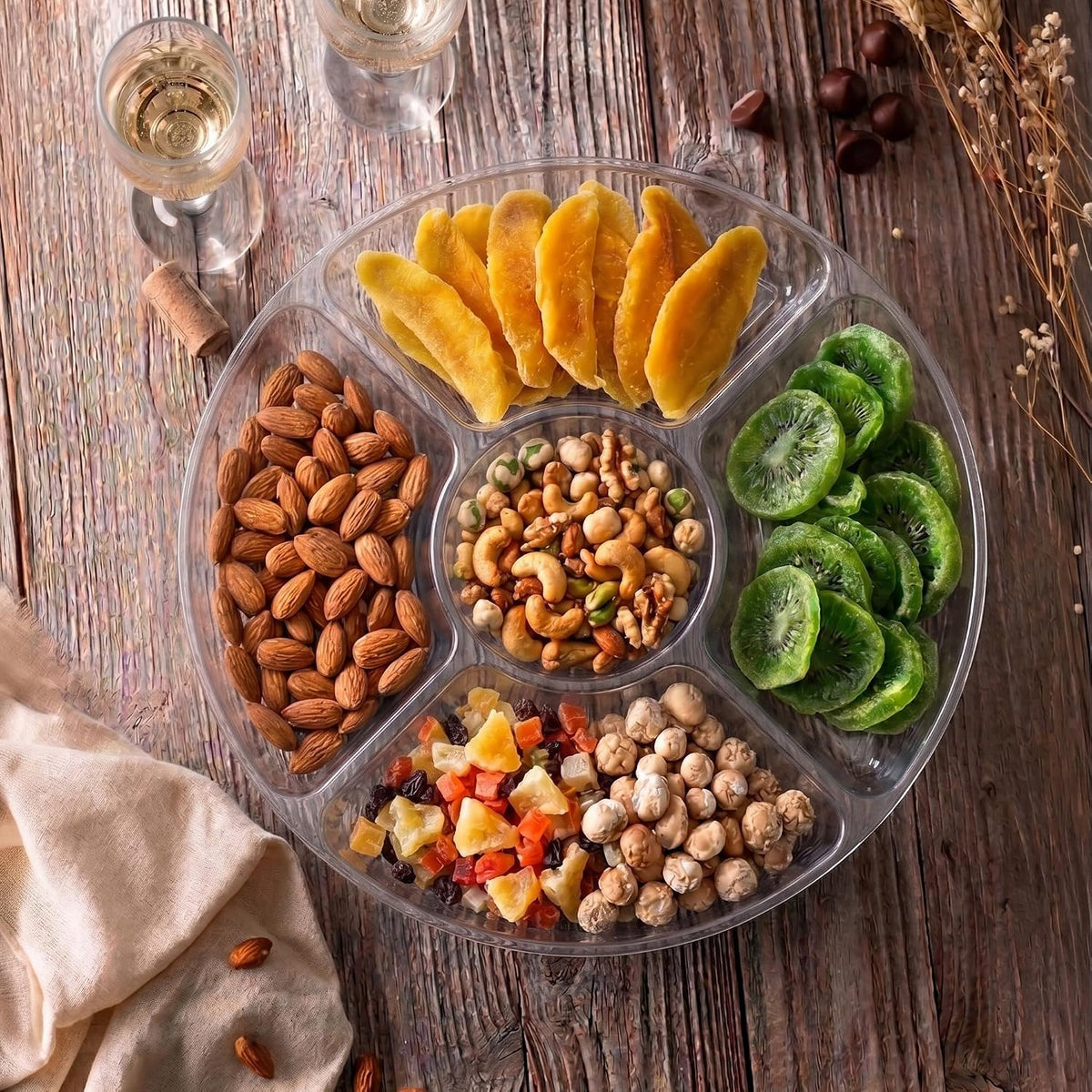5 Sectional Round Plastic Heavy duty Serving Tray/Platters Clear Pack of 2