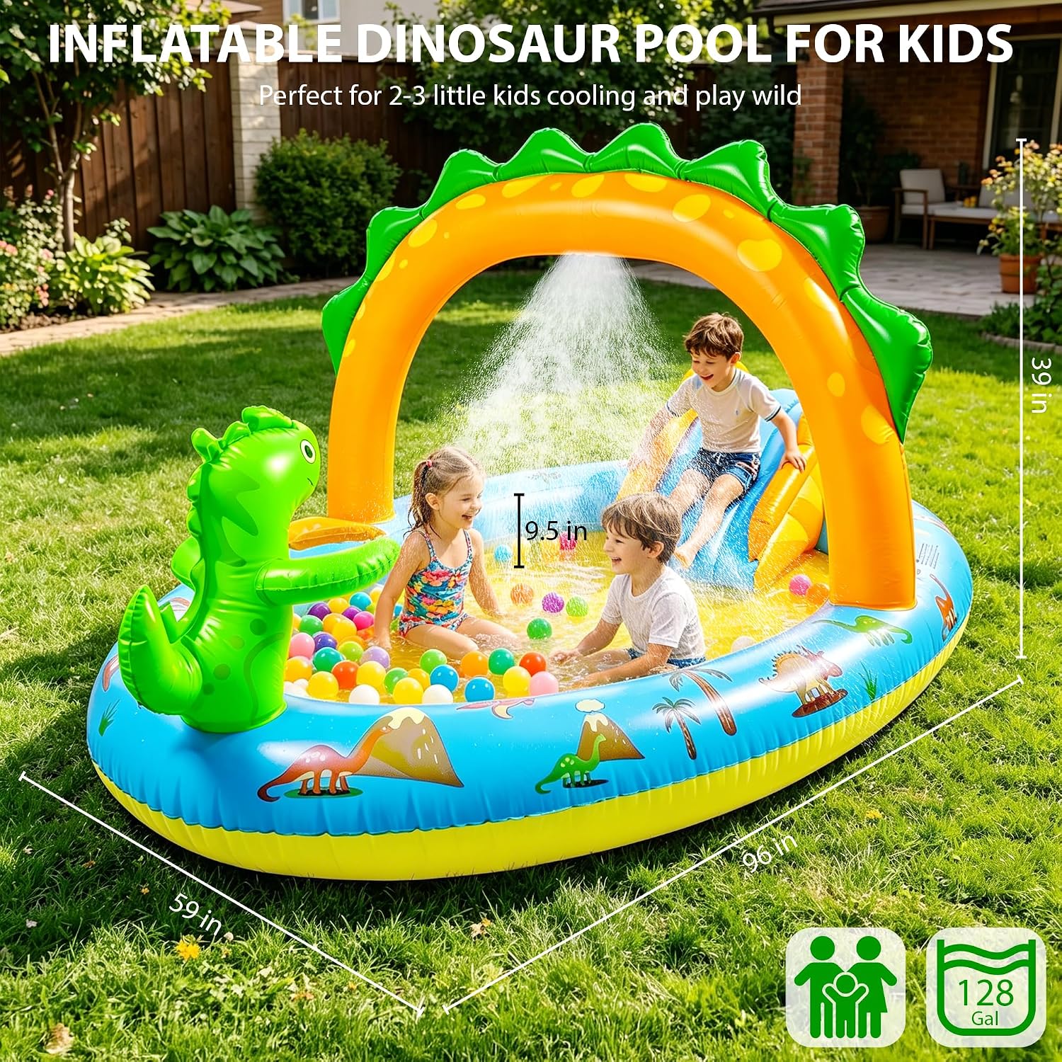 2026 Inflatable Dinosaur Play Center Kiddie Pool with Slide and Sprinkler for Children, Toddler Blow Up Splash Pad